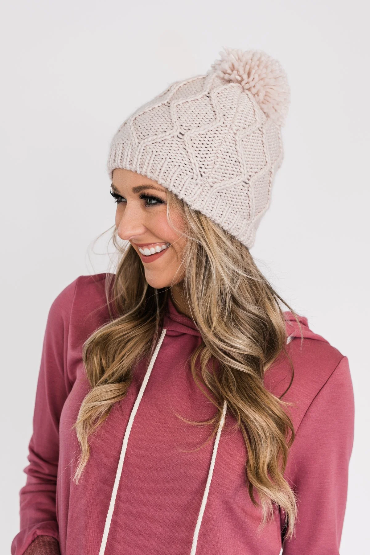 Fleece Lined Pom Beanie- Cream - Image 4