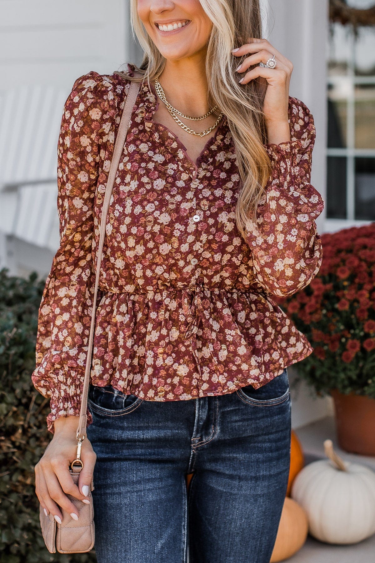 Flirting With Floral Babydoll Blouse- Burgundy - Image 2