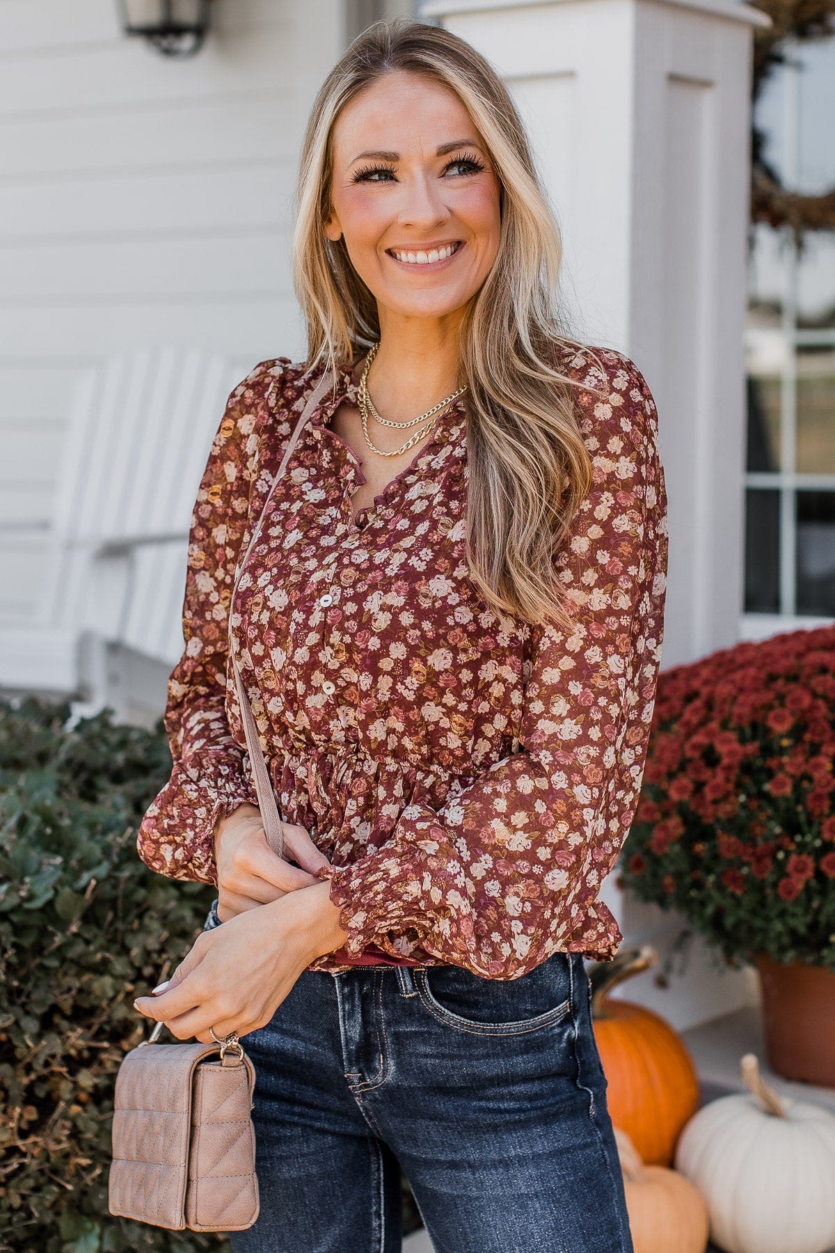 Flirting With Floral Babydoll Blouse- Burgundy - Image 3