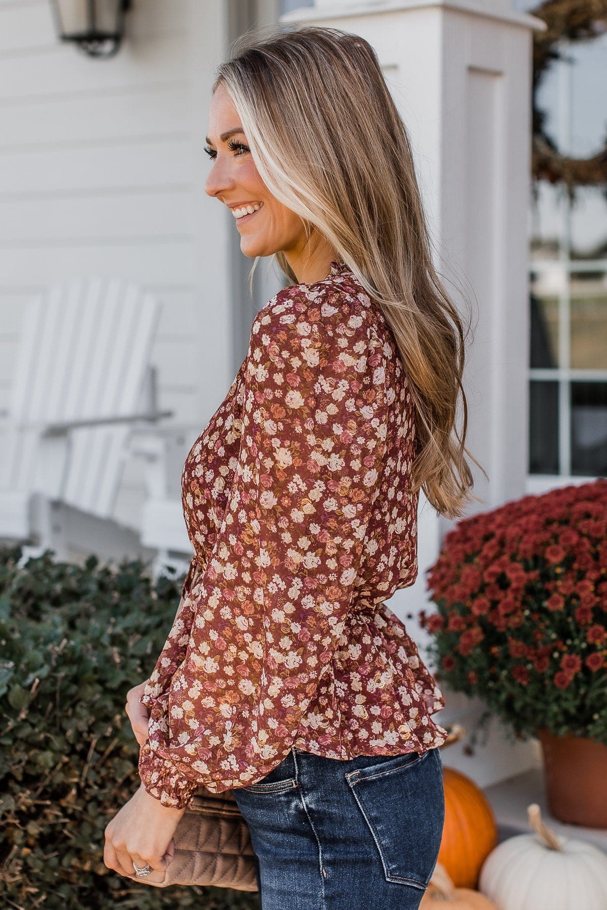 Flirting With Floral Babydoll Blouse- Burgundy - Image 4
