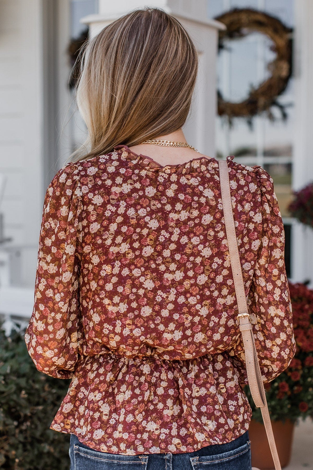 Flirting With Floral Babydoll Blouse- Burgundy - Image 5