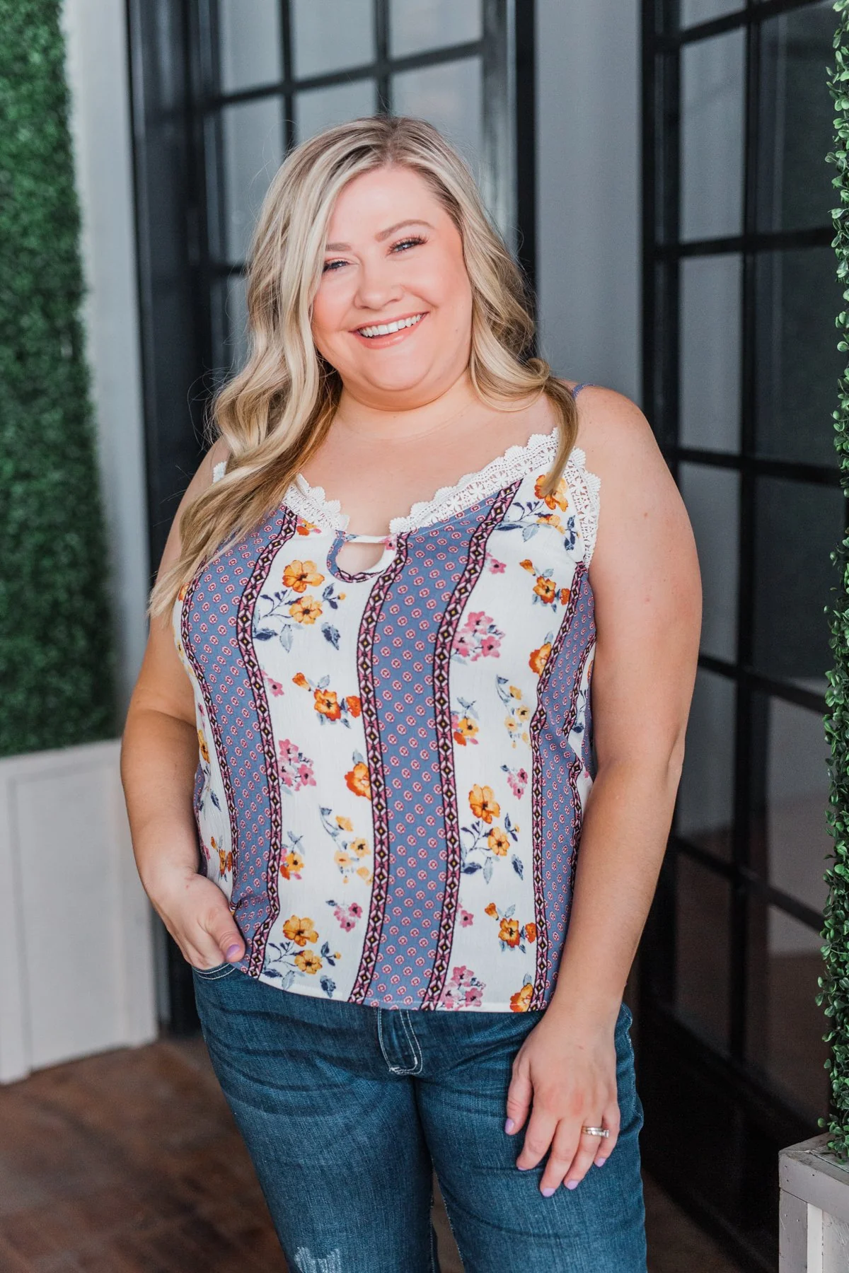 Flirty and Fun Keyhole Tank Top- Ivory & Dusty Blue - Image 3