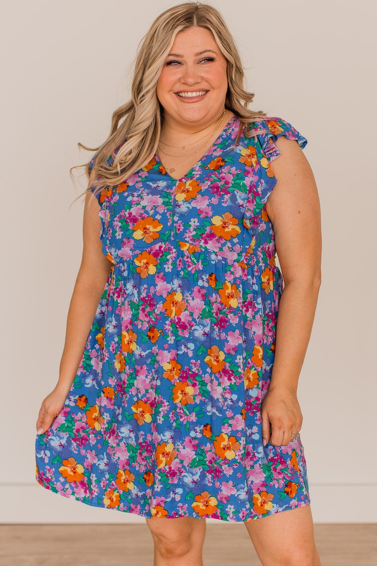Flirty Flourish Floral Mini Dress- Royal Blue - Image 3