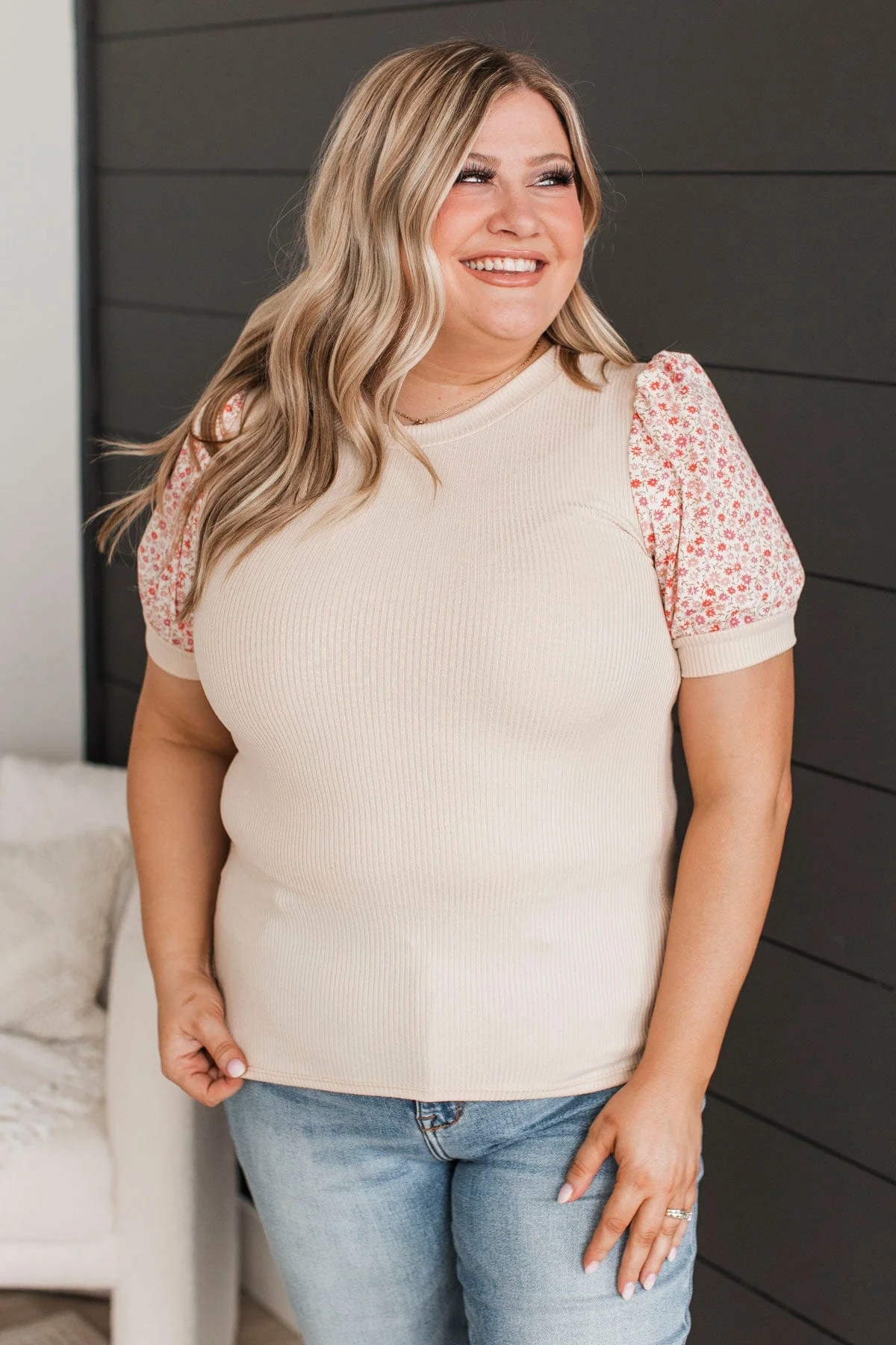 Flirty In Floral Puff Sleeve Top- Nude & Rose - Image 4