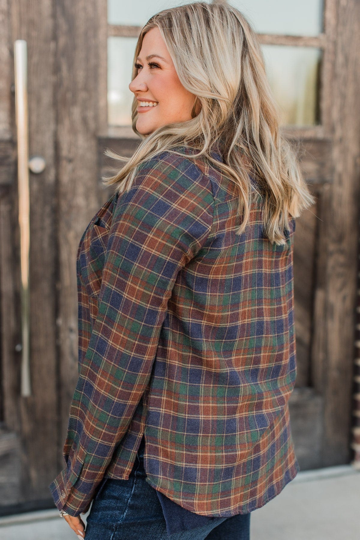 Floating On Air Plaid Button Top- Indigo - Image 6