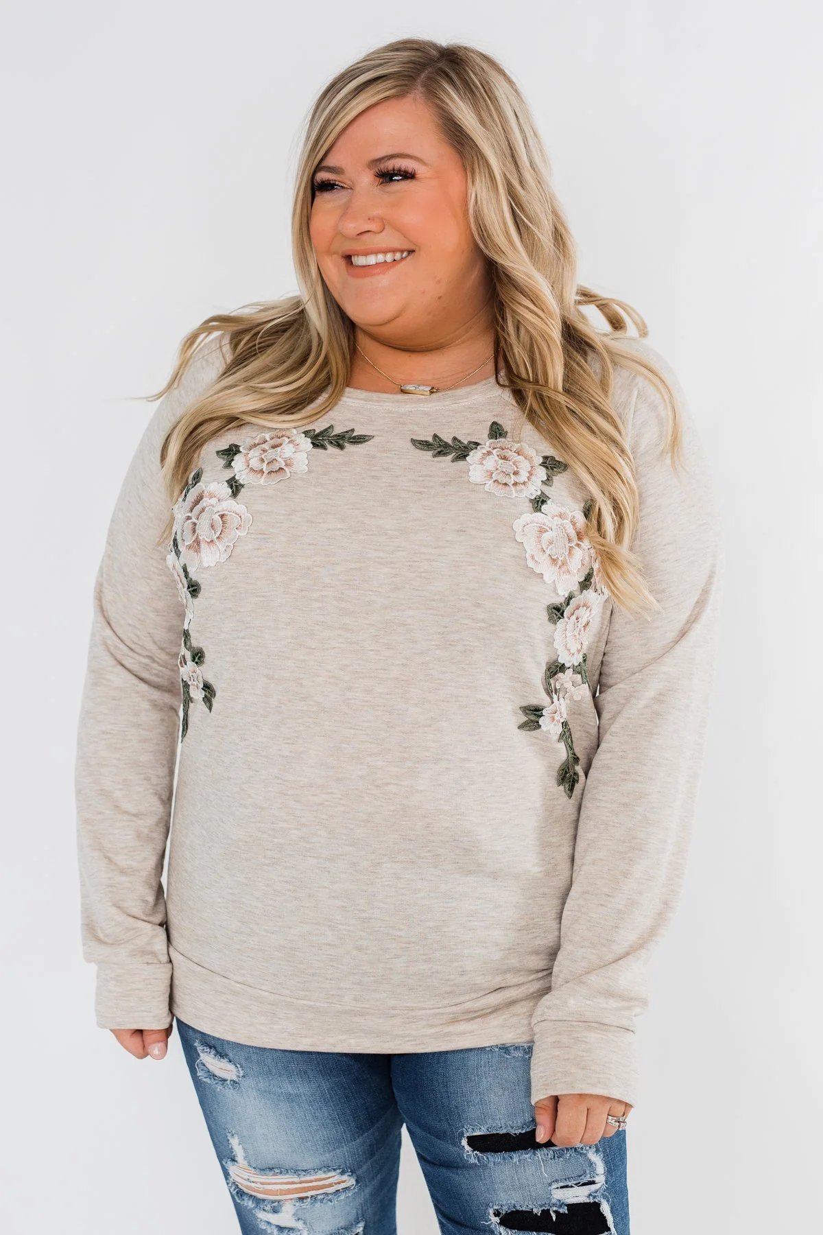 Floral Appliqué Pullover Top- Heathered Oatmeal - Image 6