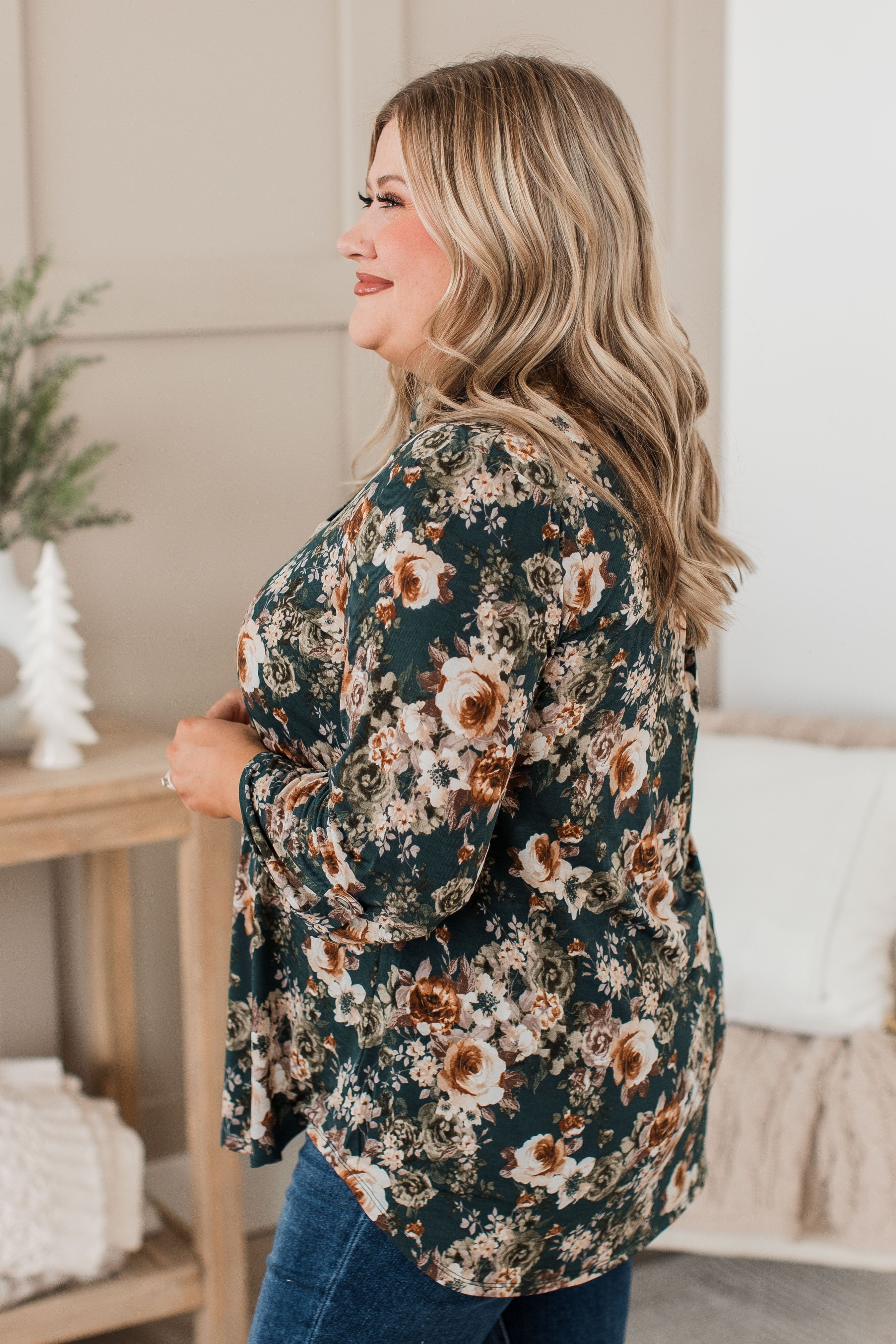 Floral Aromas V-Neck Blouse- Hunter Green - Image 6