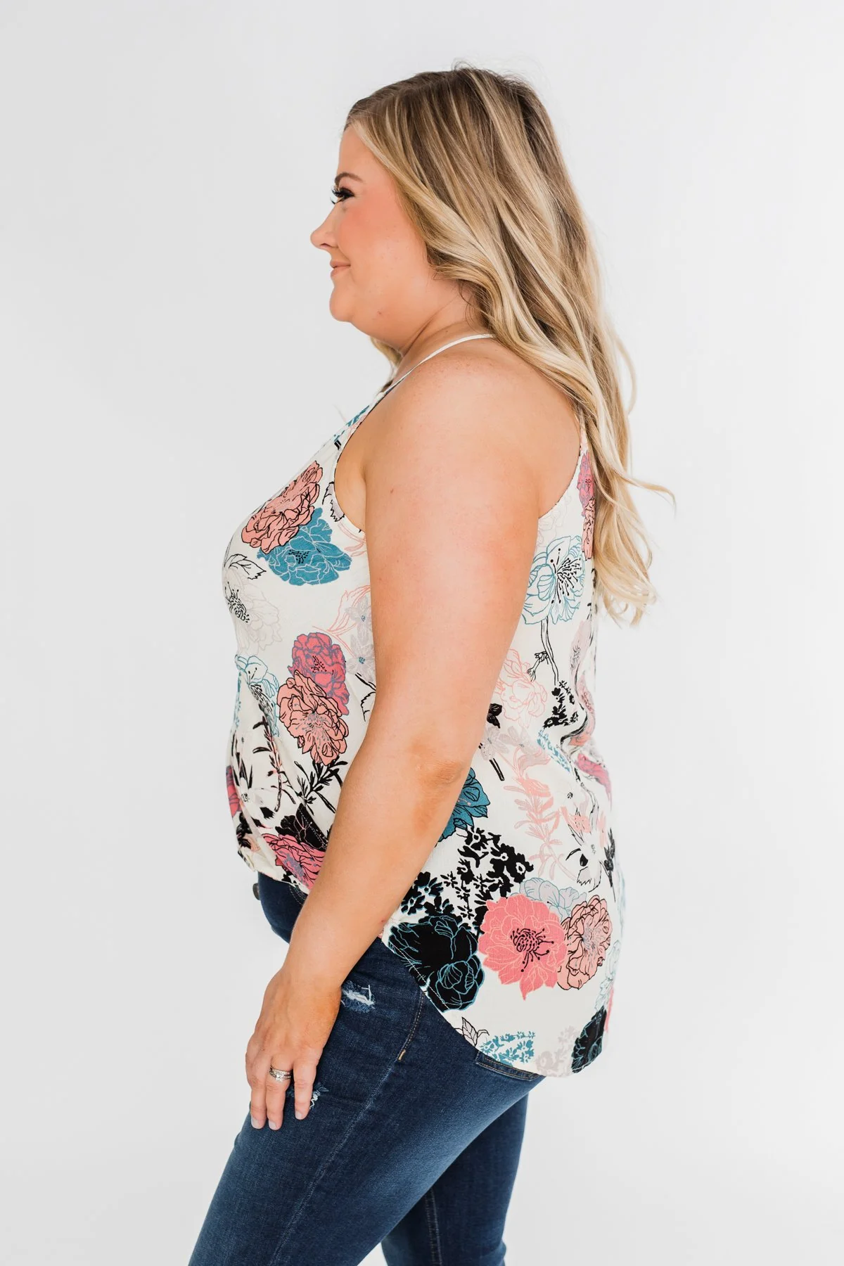 Floral Arrangement Wrap Tank Top- Ivory - Image 10