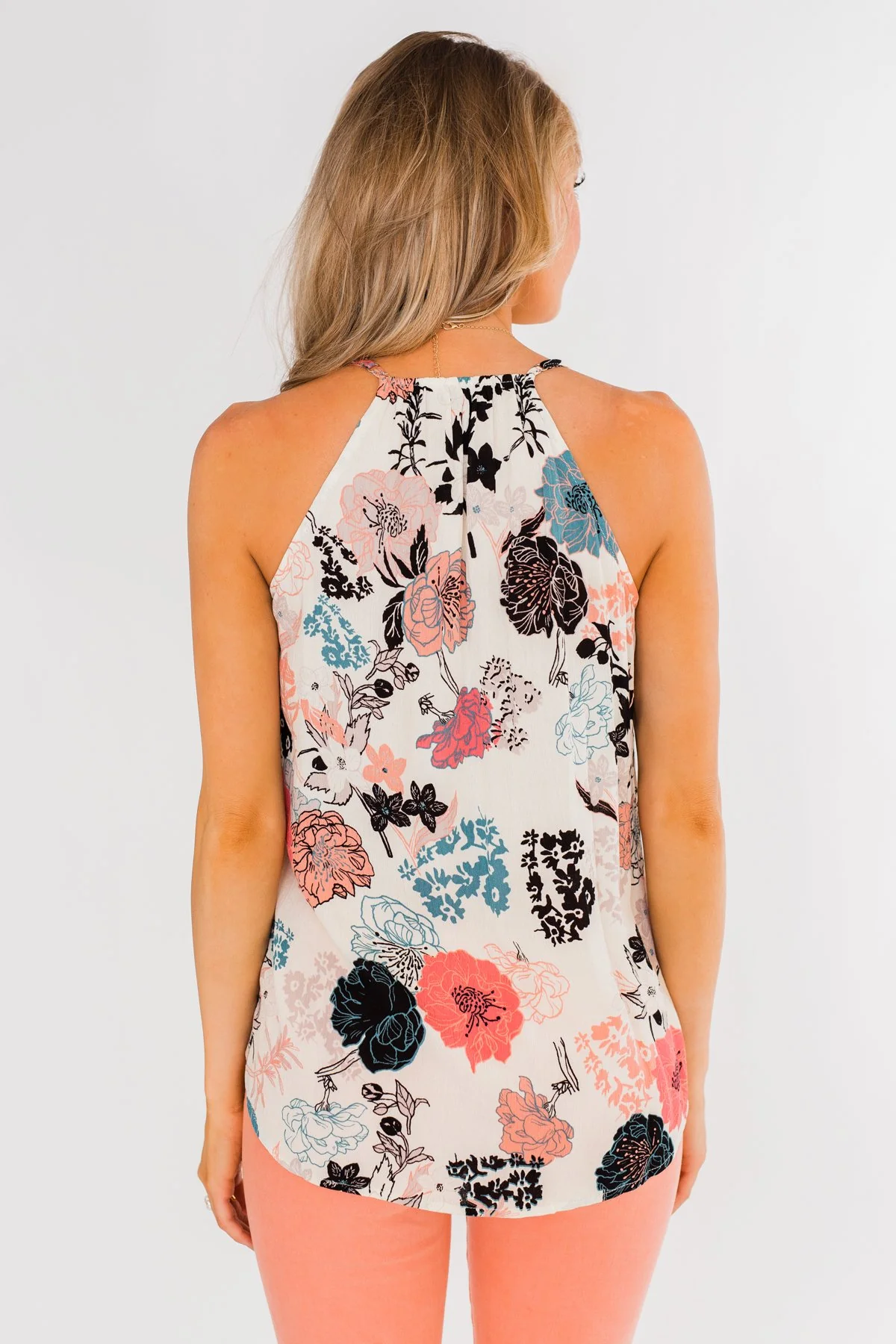 Floral Arrangement Wrap Tank Top- Ivory - Image 11