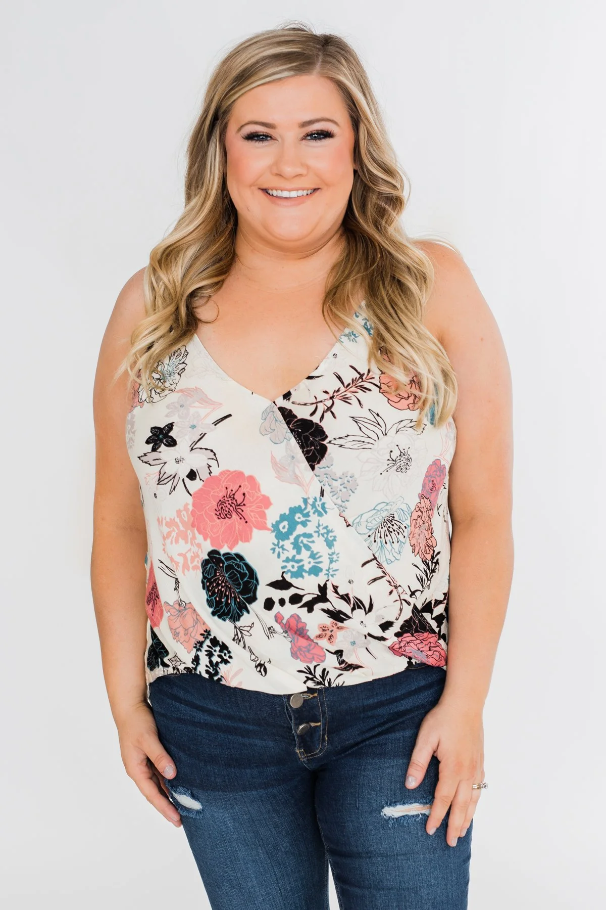 Floral Arrangement Wrap Tank Top- Ivory - Image 4