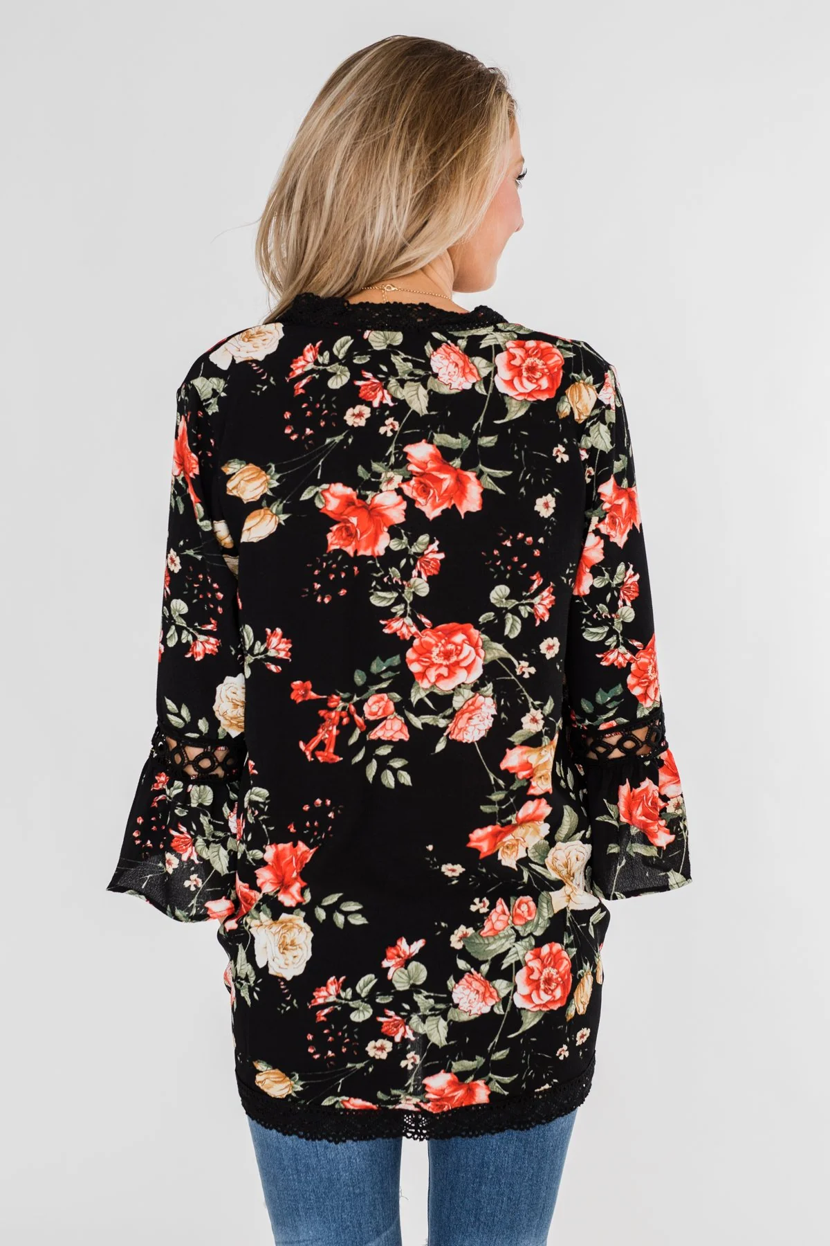 Floral Bell Sleeve & Lace Trim Kimono- Black - Image 13