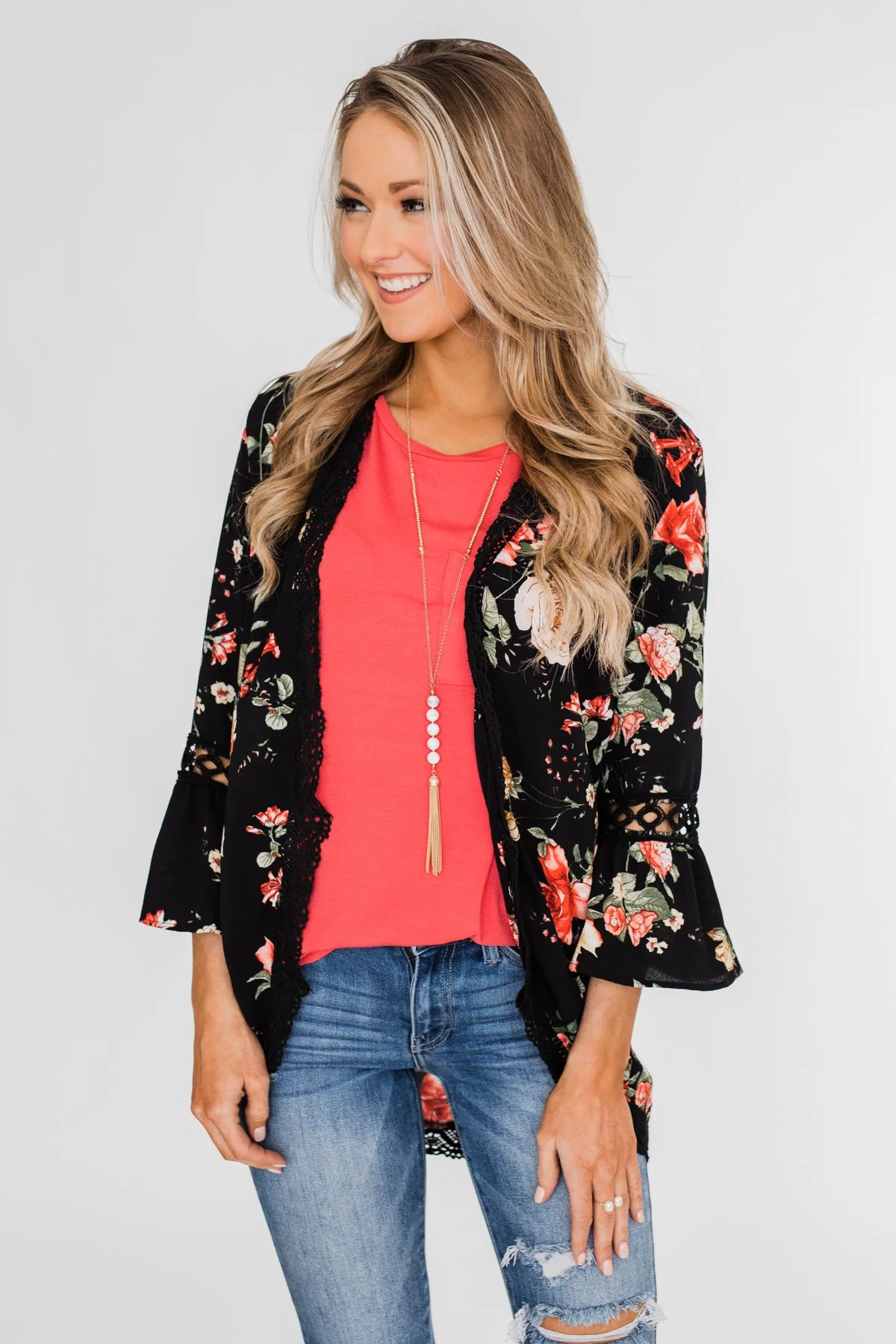 Floral Bell Sleeve & Lace Trim Kimono- Black - Image 2