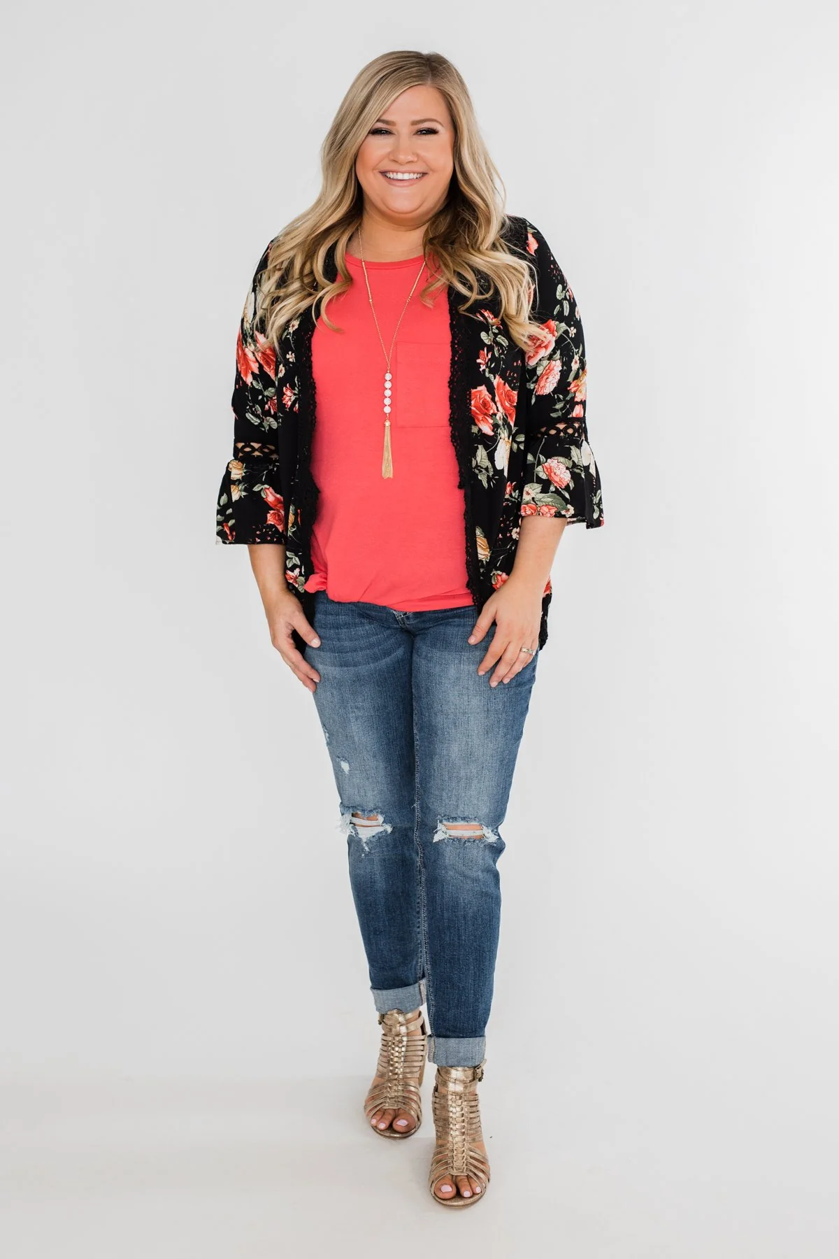 Floral Bell Sleeve & Lace Trim Kimono- Black - Image 3