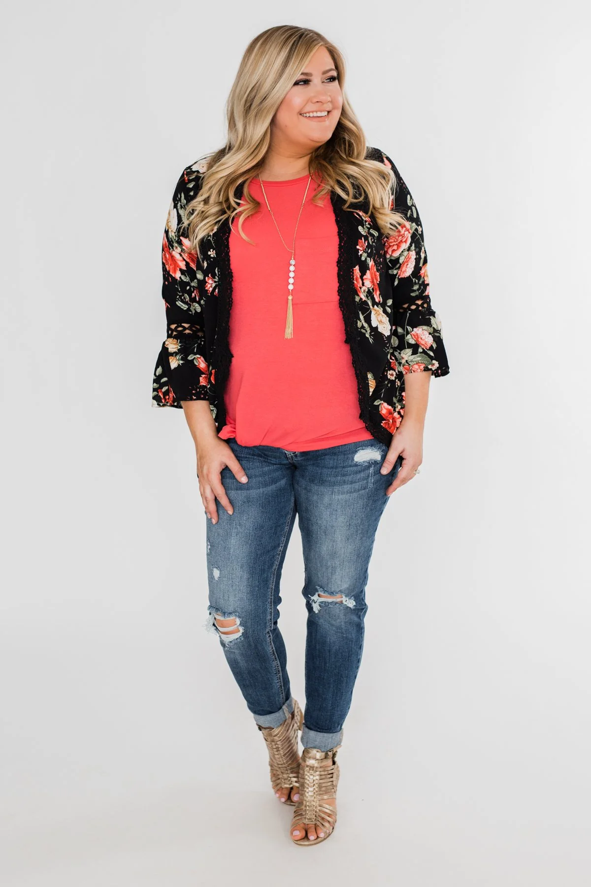 Floral Bell Sleeve & Lace Trim Kimono- Black - Image 4