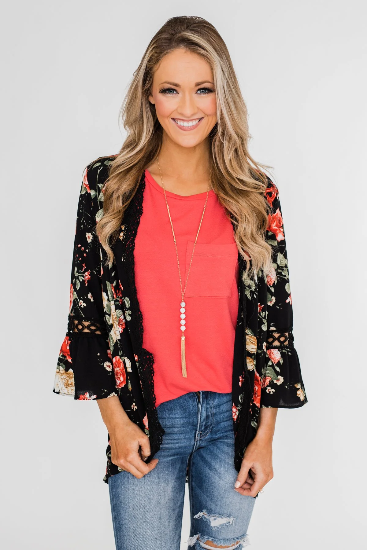 Floral Bell Sleeve & Lace Trim Kimono- Black - Image 5