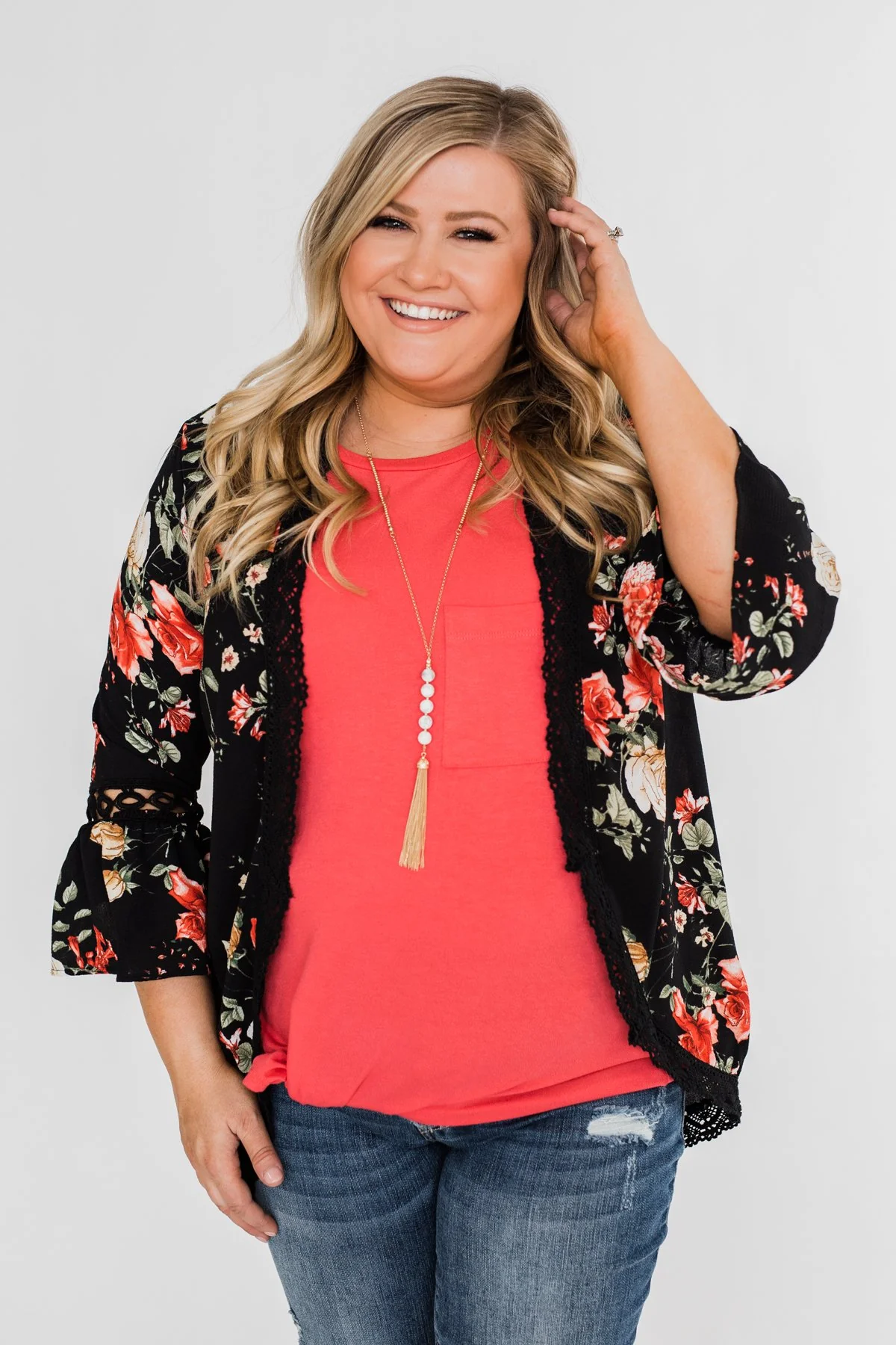 Floral Bell Sleeve & Lace Trim Kimono- Black - Image 6