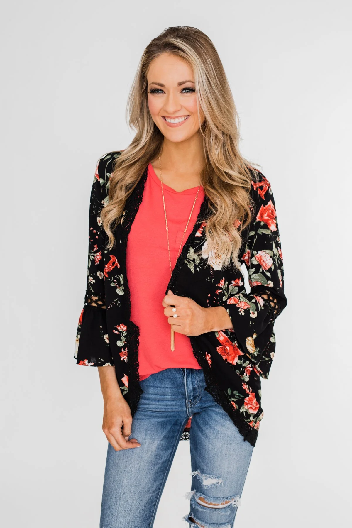 Floral Bell Sleeve & Lace Trim Kimono- Black - Image 9
