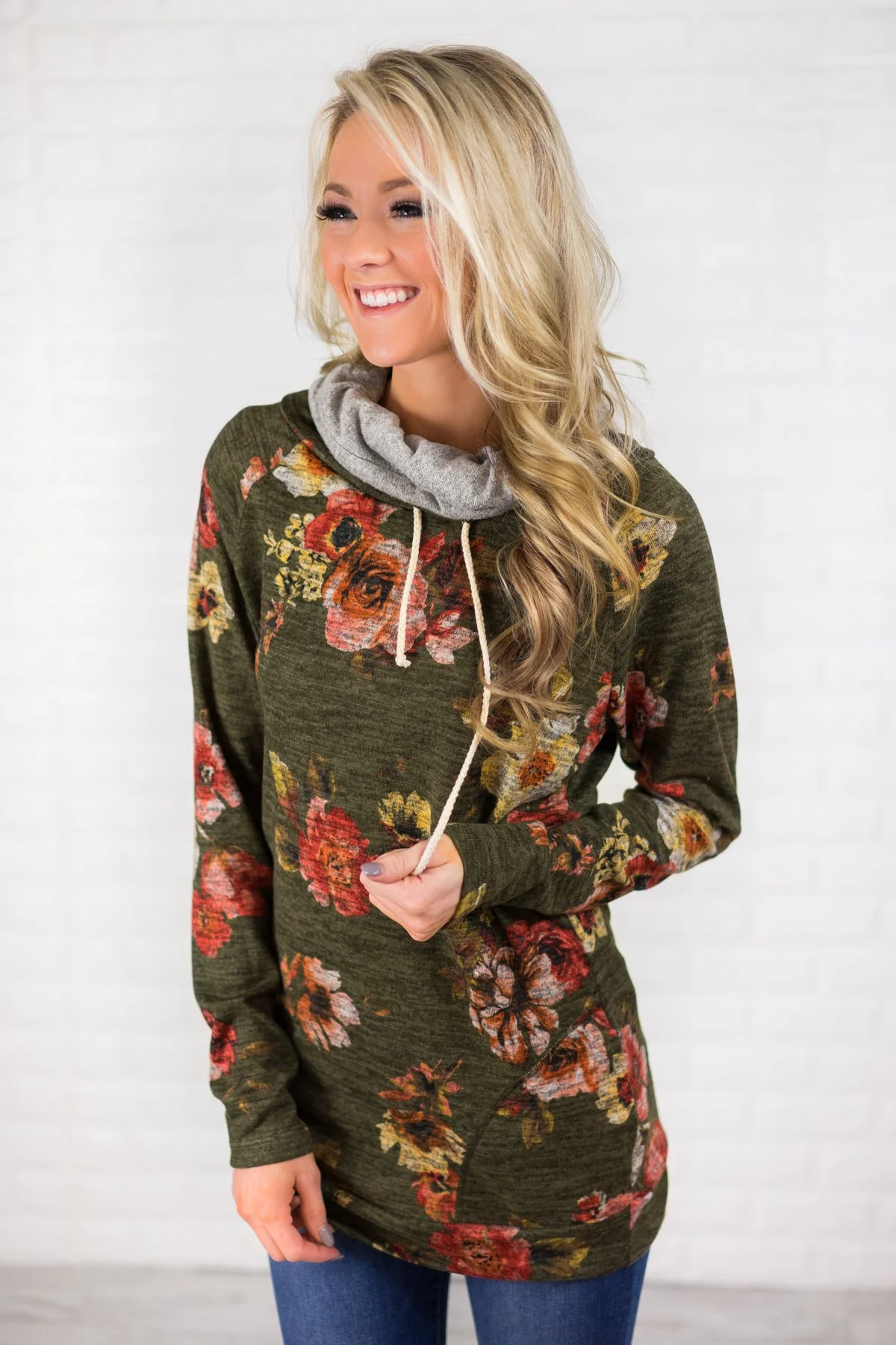 Floral Cowl Neck Tunic Top ~ Olive - Image 5