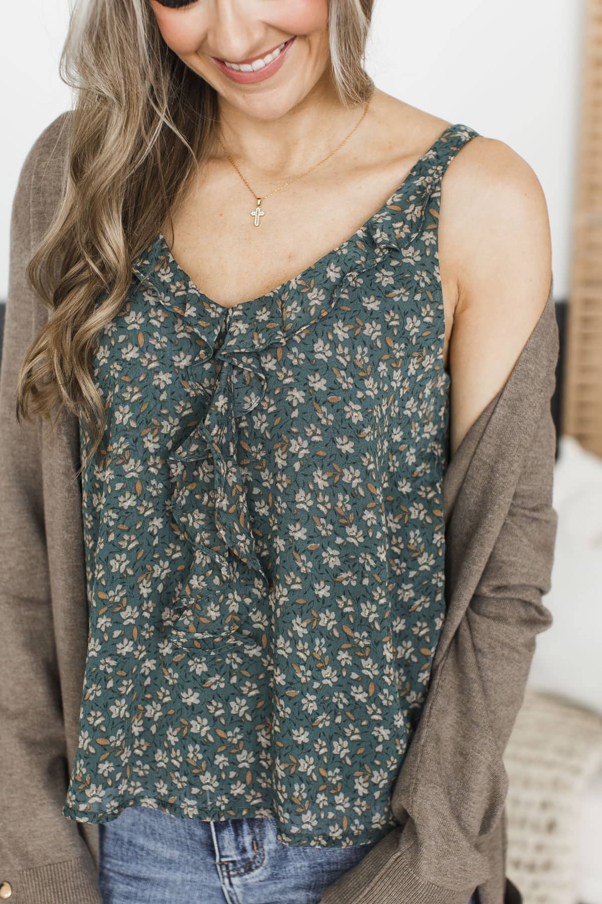 Floral Crush Ruffle Tank Top- Dark Jade Green