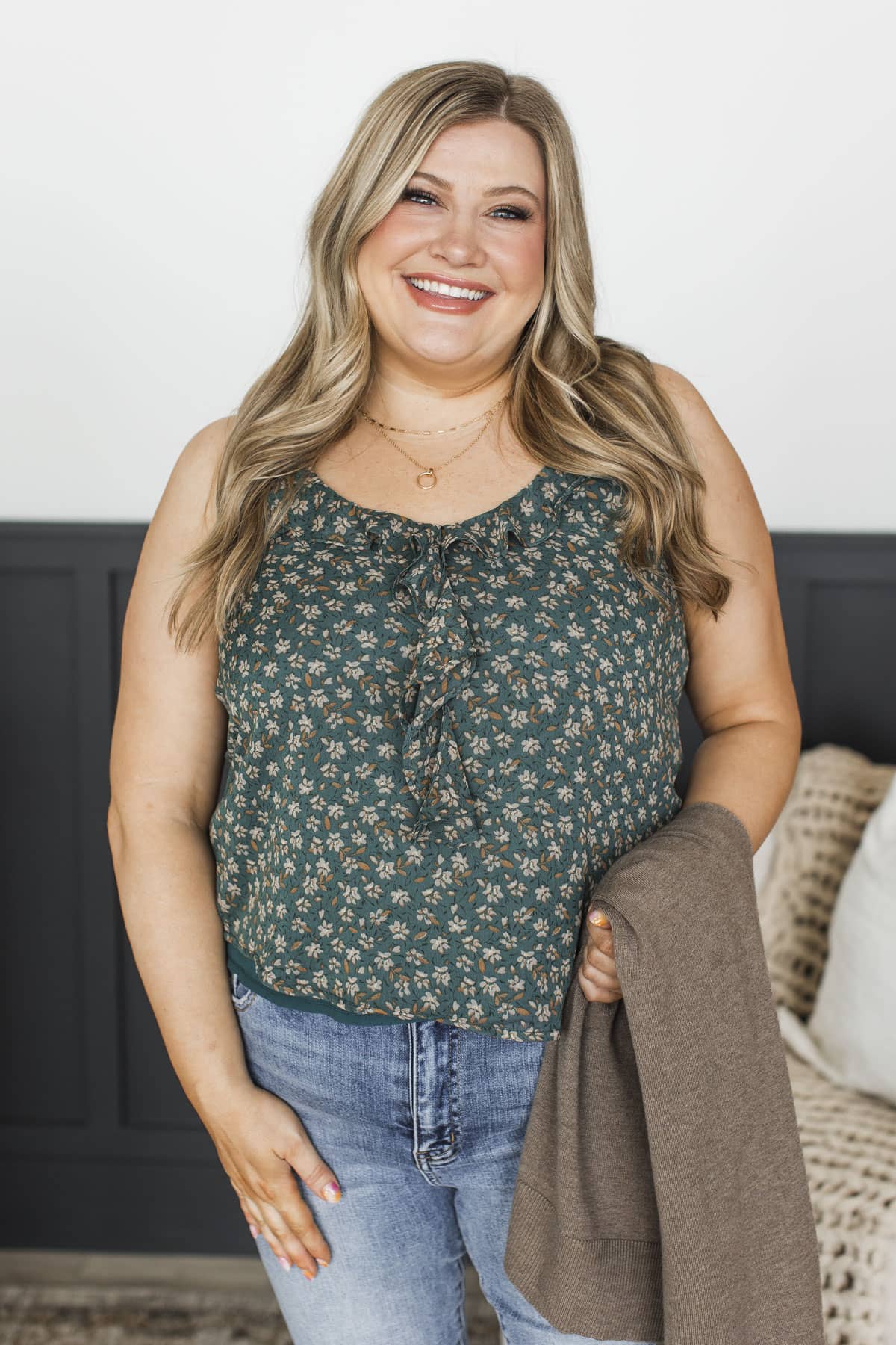 Floral Crush Ruffle Tank Top- Dark Jade Green - Image 2