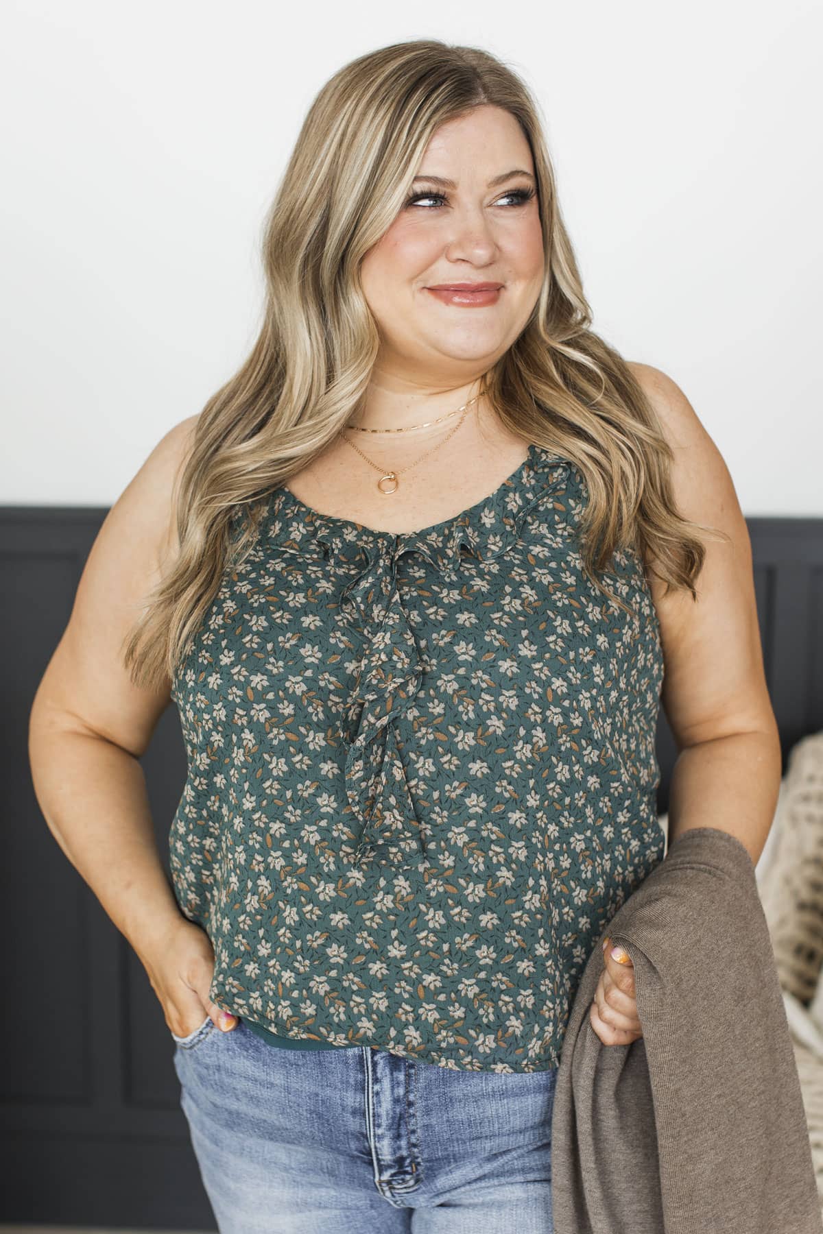 Floral Crush Ruffle Tank Top- Dark Jade Green - Image 4