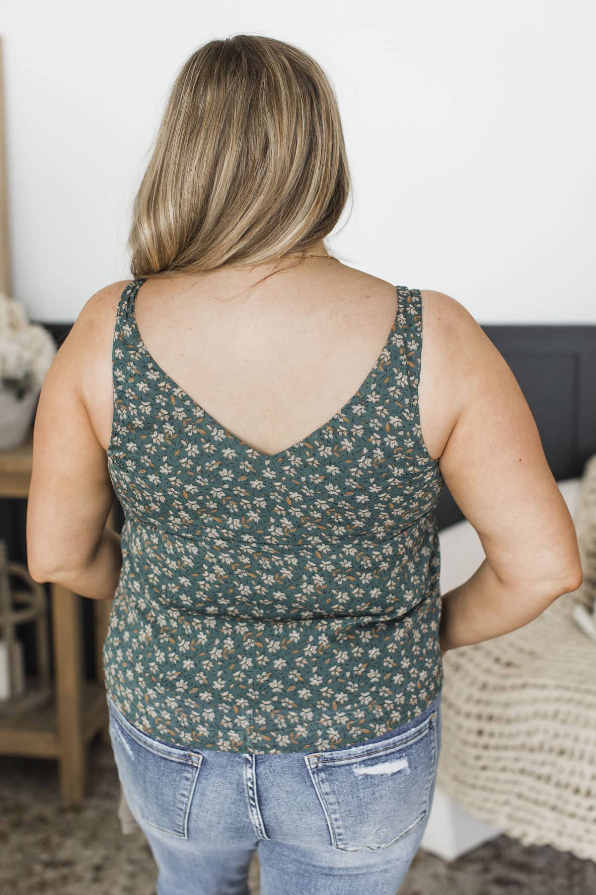 Floral Crush Ruffle Tank Top- Dark Jade Green - Image 8