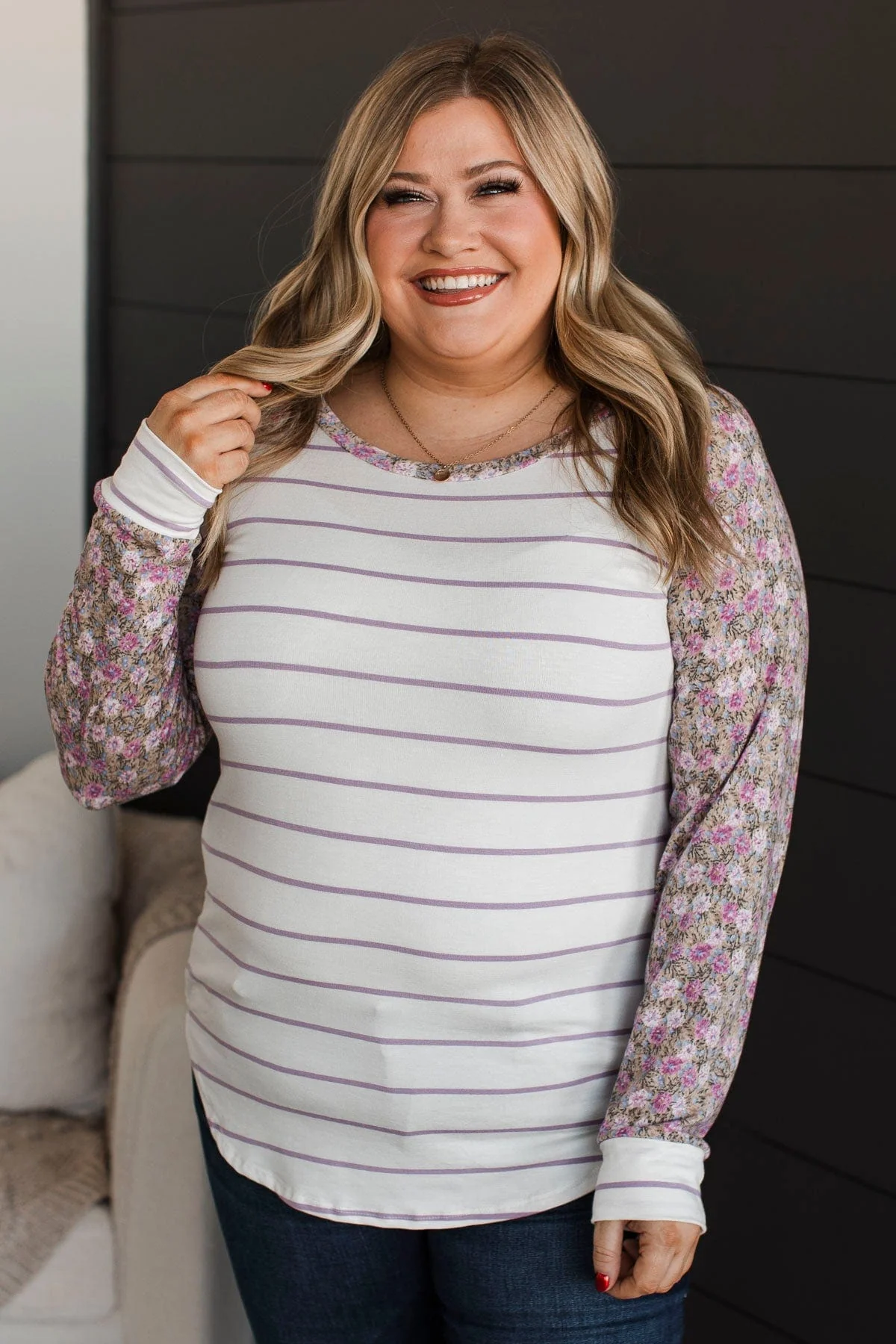 Floral Desires Long Sleeve Knit Top- Ivory & Purple - Image 3