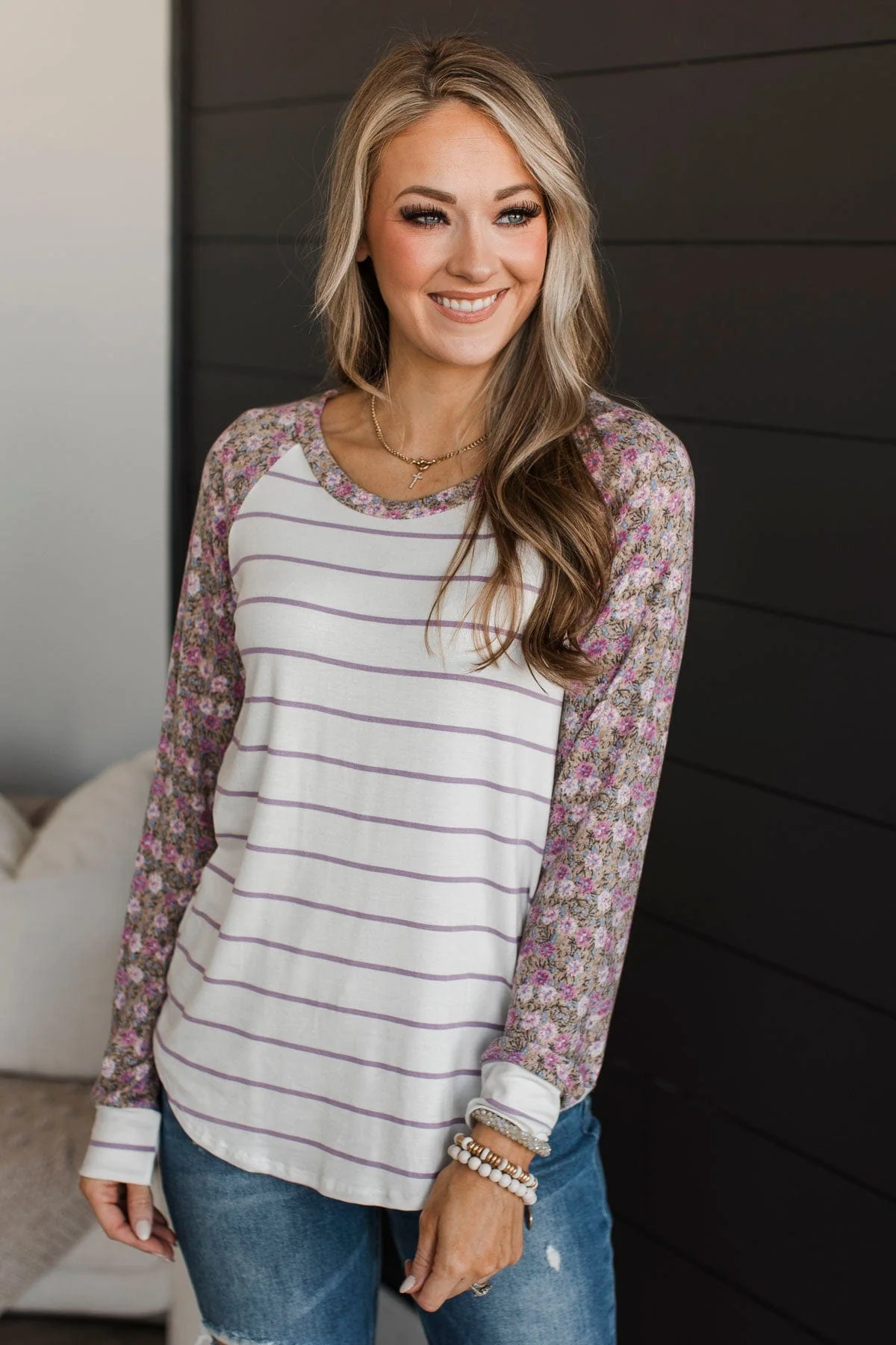 Floral Desires Long Sleeve Knit Top- Ivory & Purple - Image 4