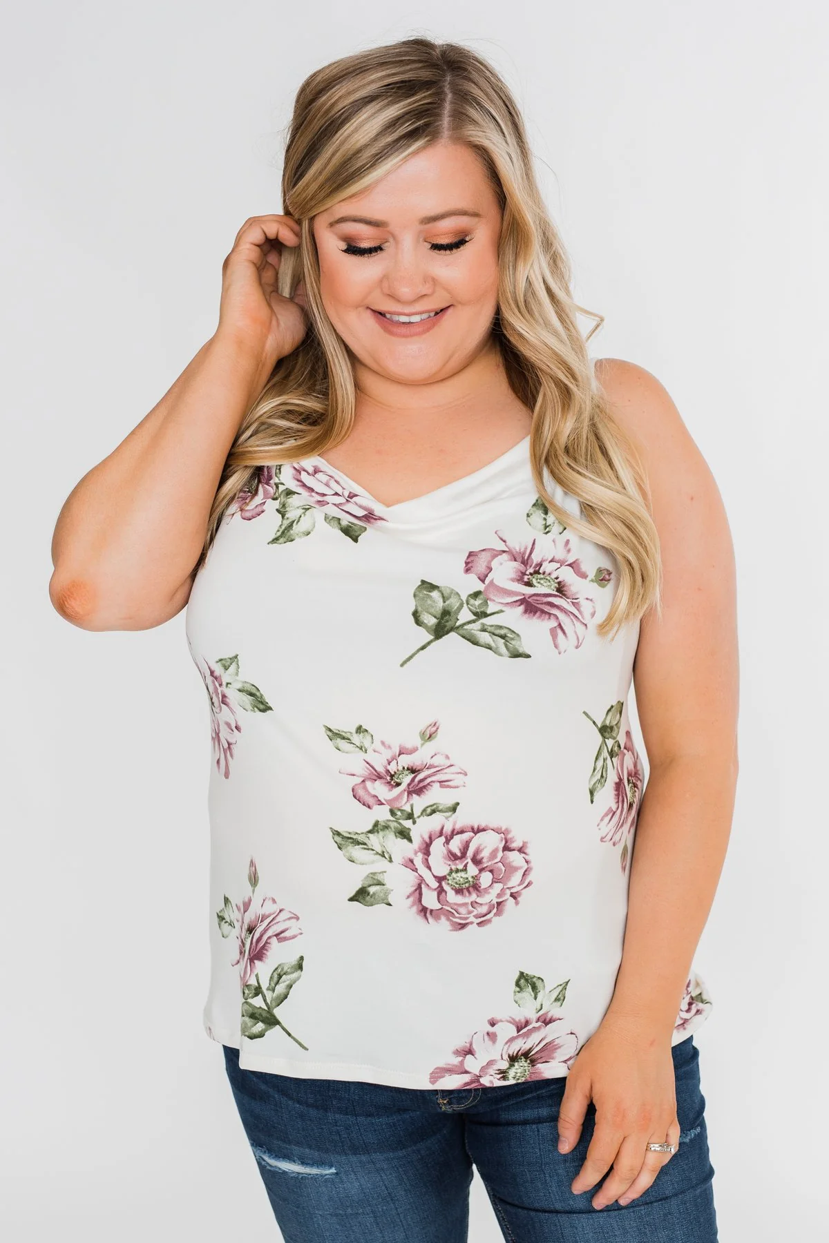 Floral Drape Neck Tank Top- Ivory - Image 12