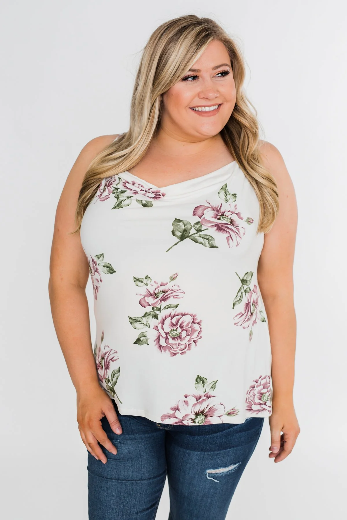 Floral Drape Neck Tank Top- Ivory - Image 6