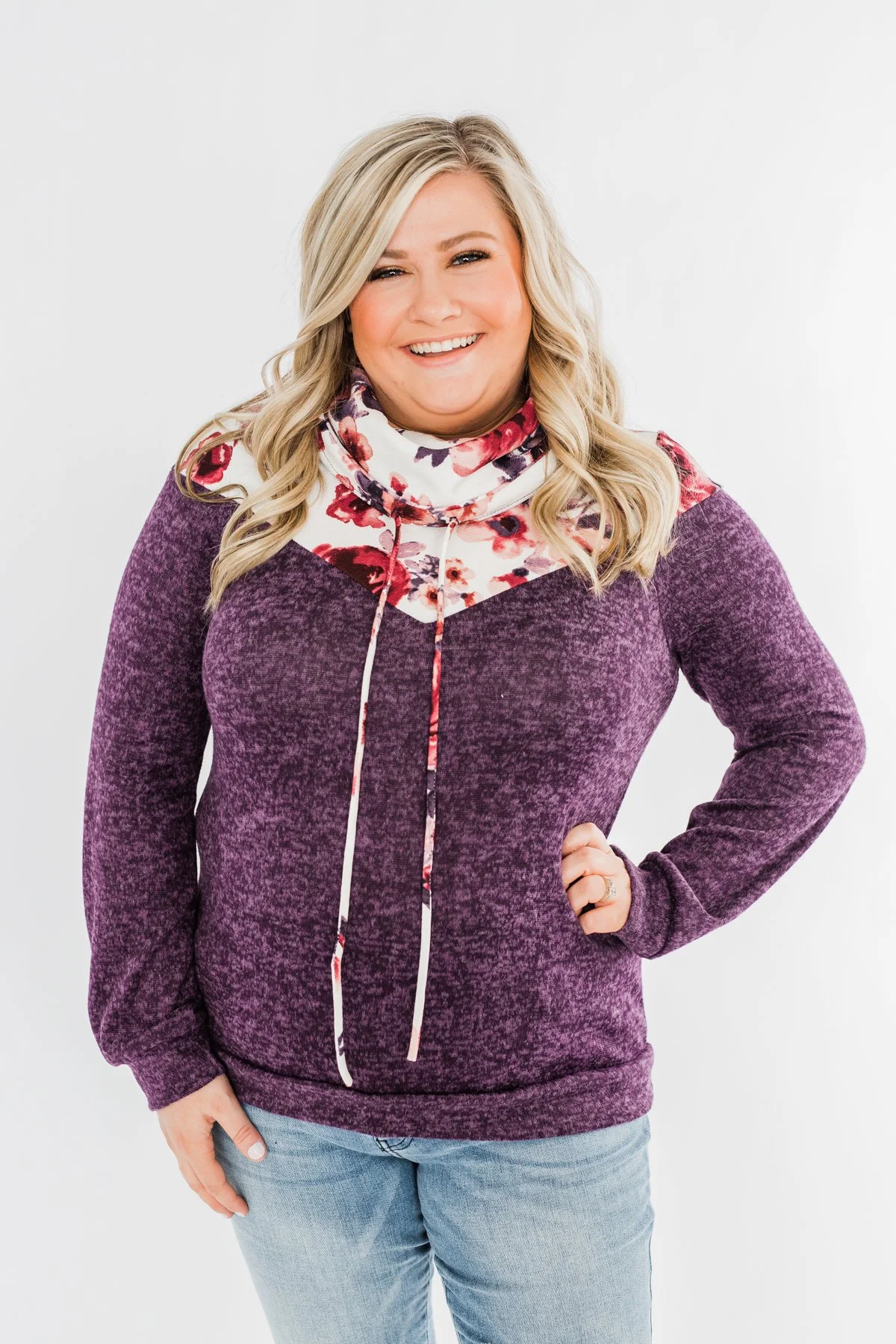Floral Dreams Cowl Neck Hoodie- Eggplant - Image 2