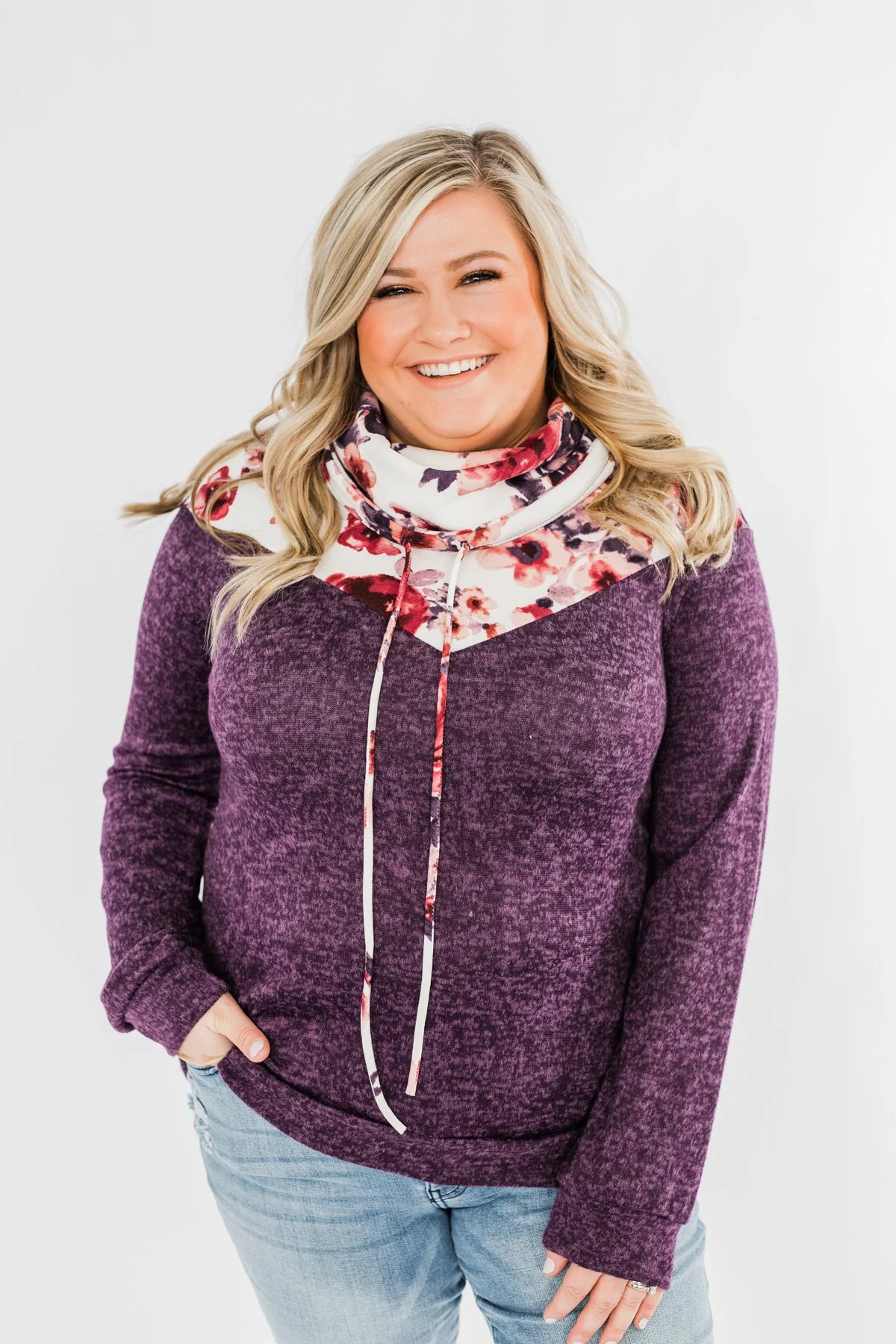 Floral Dreams Cowl Neck Hoodie- Eggplant - Image 4