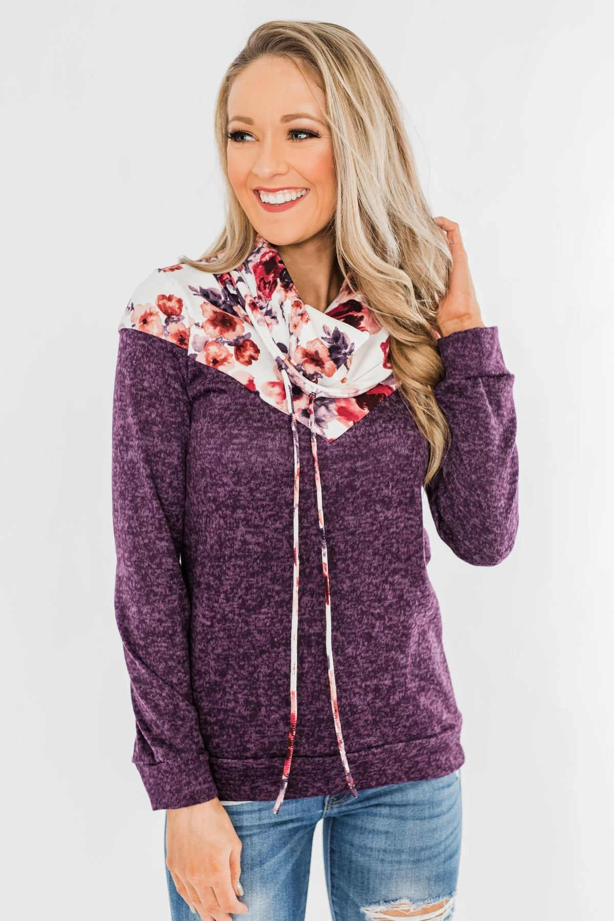 Floral Dreams Cowl Neck Hoodie- Eggplant - Image 5