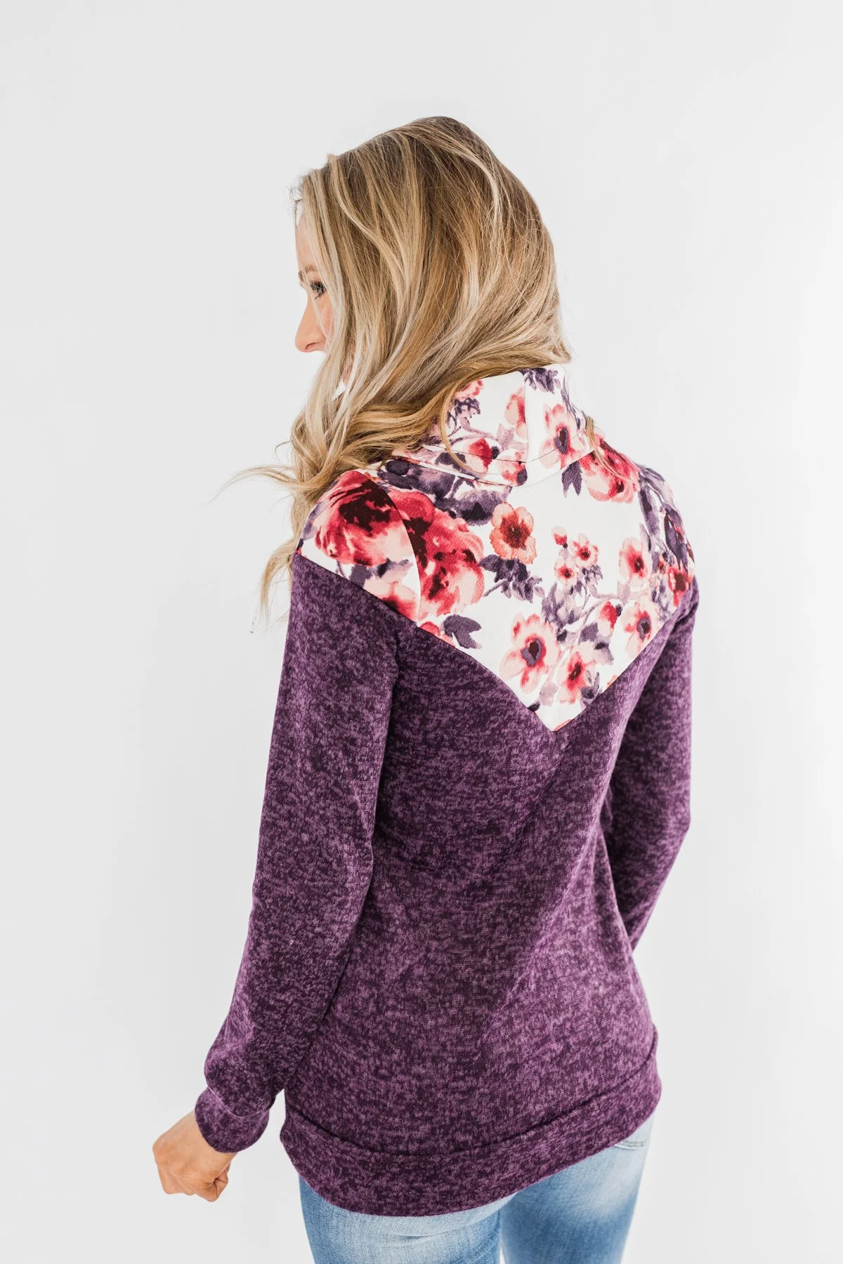 Floral Dreams Cowl Neck Hoodie- Eggplant - Image 9