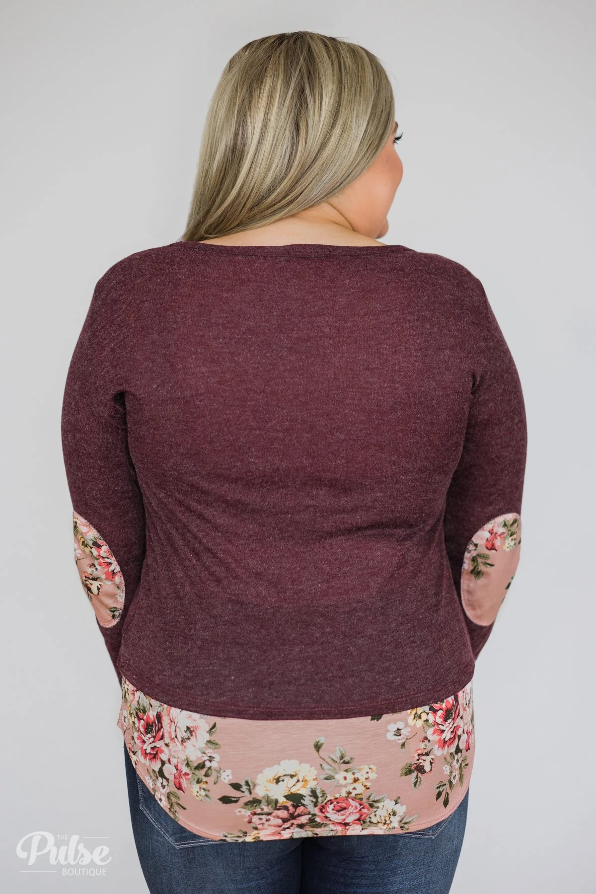Floral Elbow Patch Top- Heathered Plum - Image 11