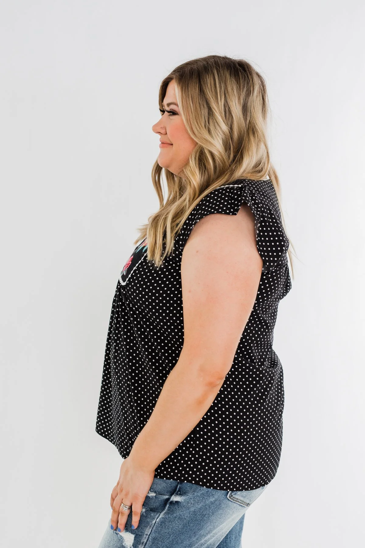Floral Embroider & Polka Dot Top- Black - Image 10