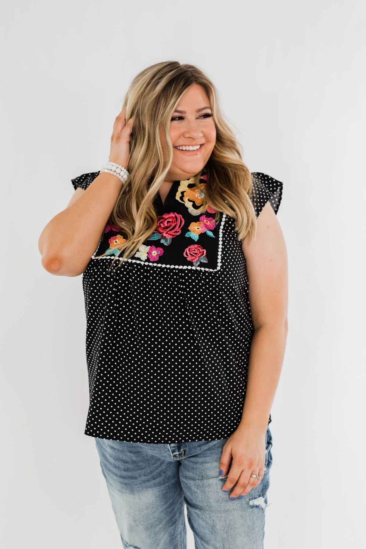 Floral Embroider & Polka Dot Top- Black - Image 4