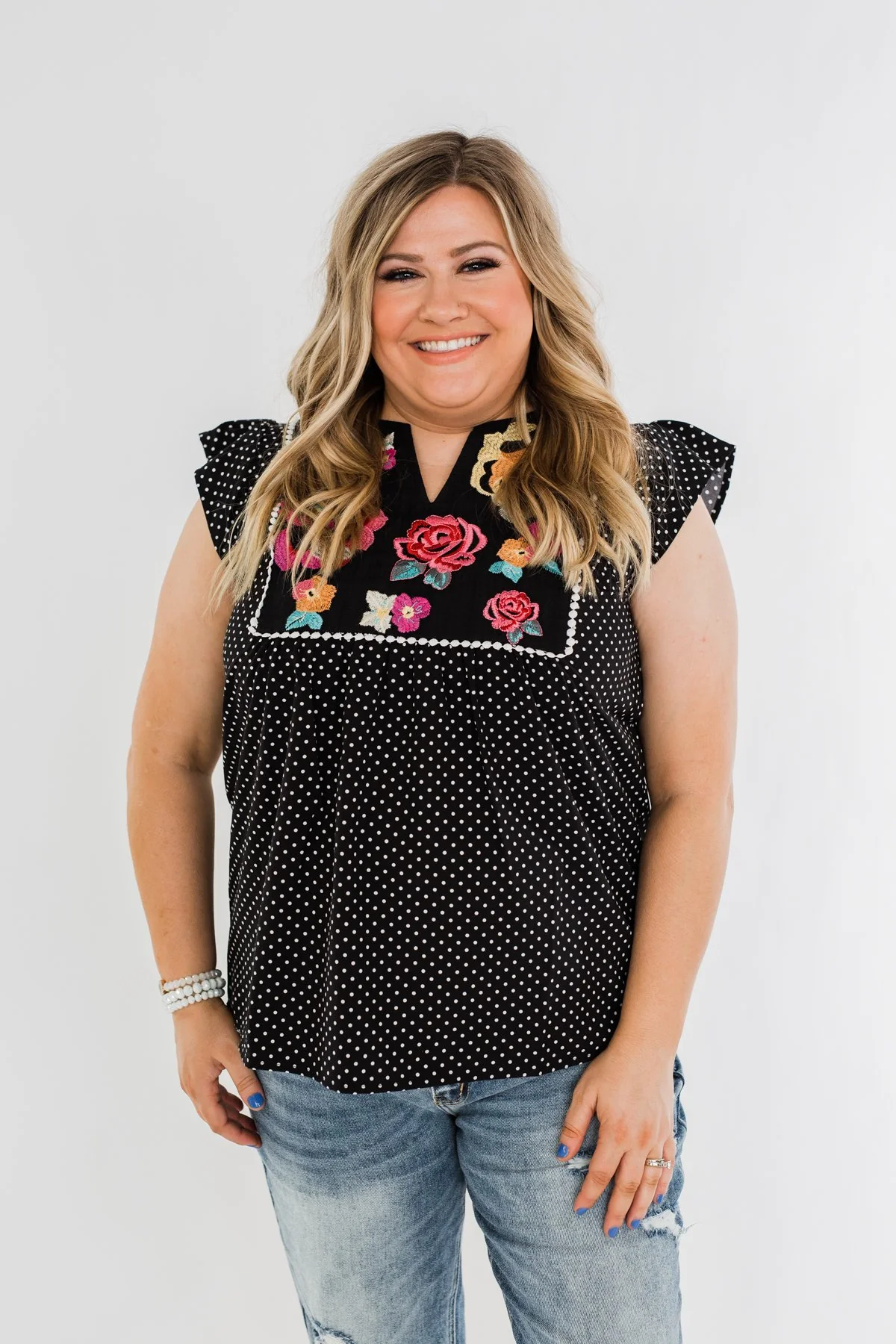 Floral Embroider & Polka Dot Top- Black - Image 8