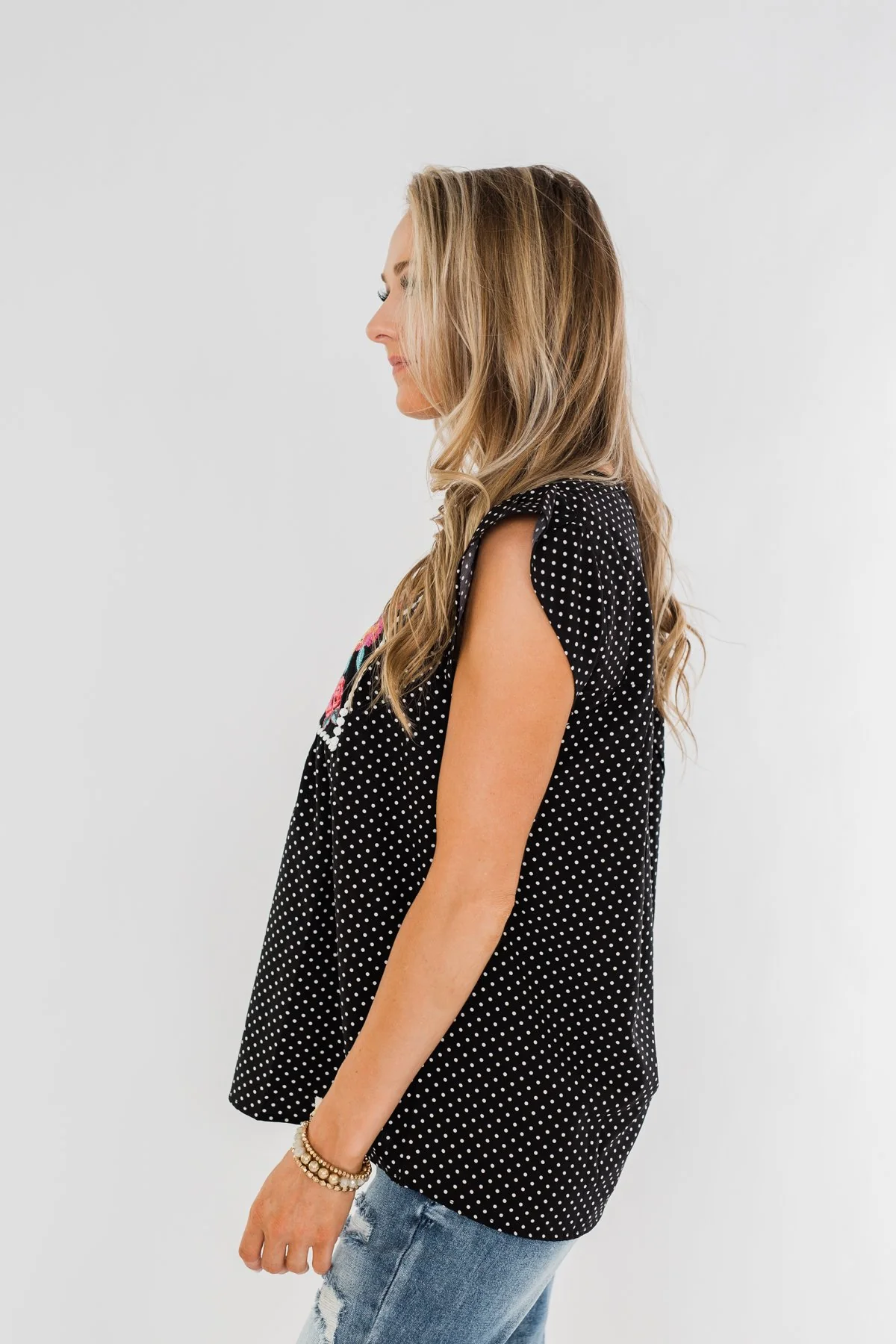 Floral Embroider & Polka Dot Top- Black - Image 9