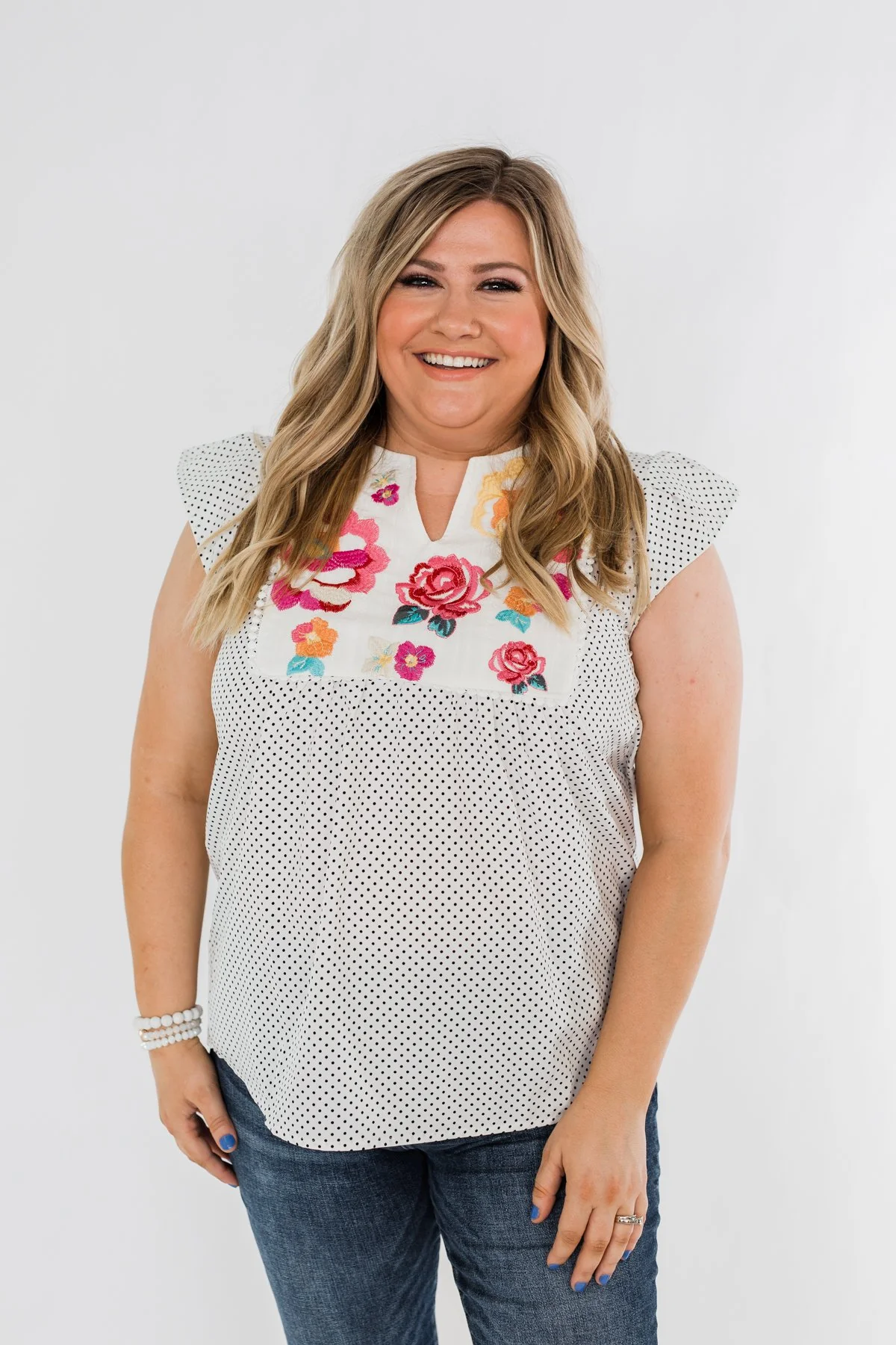 Floral Embroider & Polka Dot Top- Ivory - Image 3