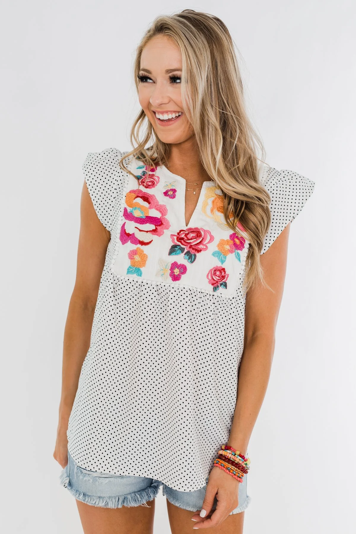 Floral Embroider & Polka Dot Top- Ivory - Image 4