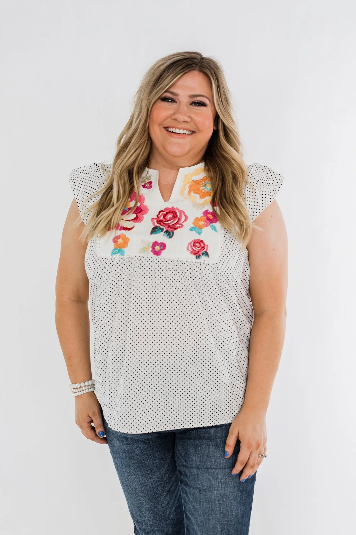 Floral Embroider & Polka Dot Top- Ivory - Image 5