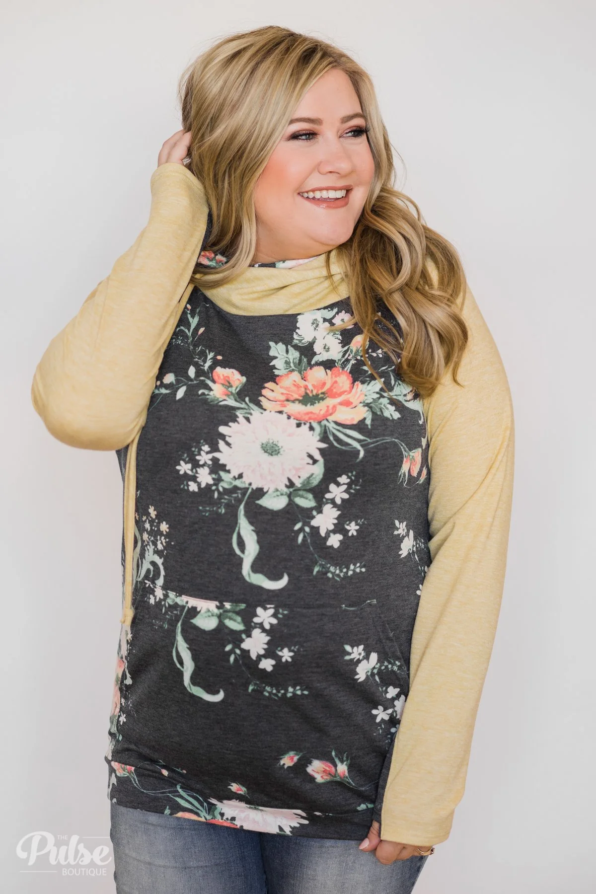 Floral Escape Cowl Neck Hoodie- Yellow - Image 2