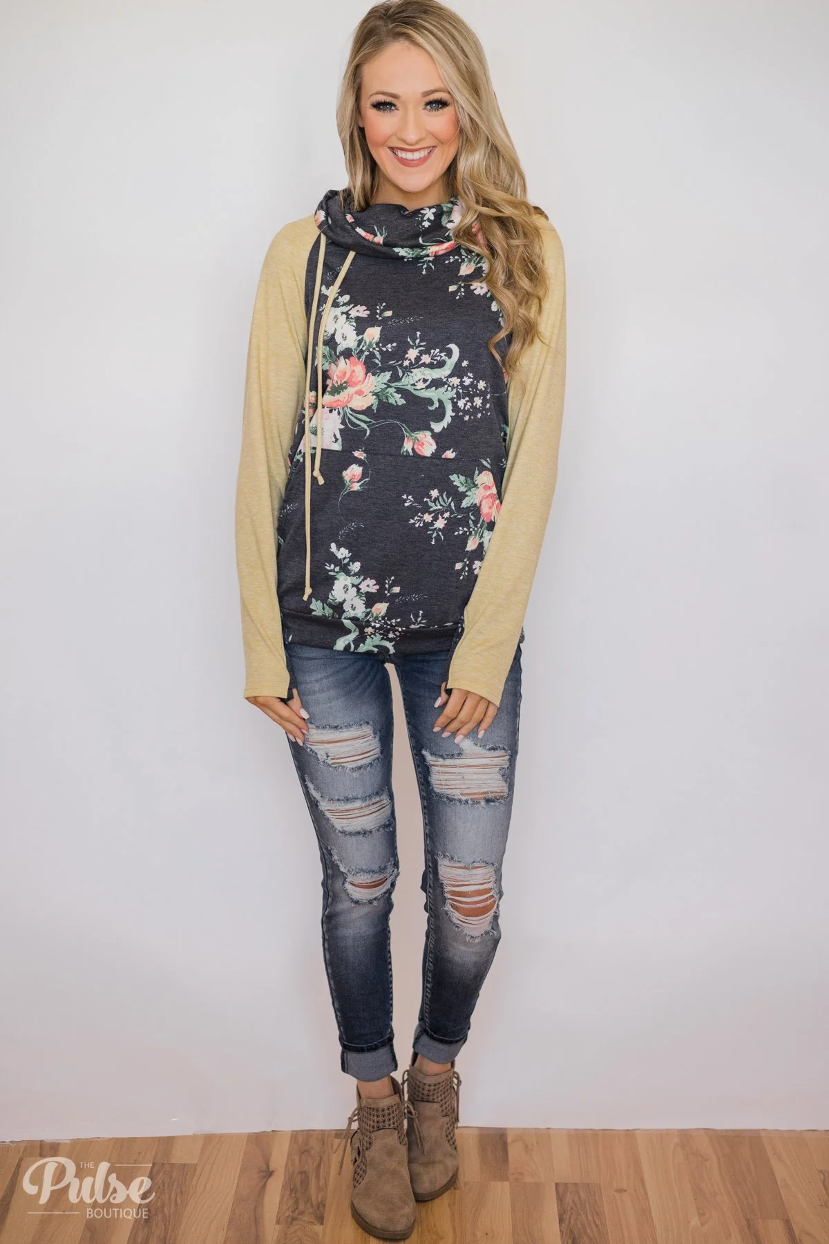 Floral Escape Cowl Neck Hoodie- Yellow - Image 3