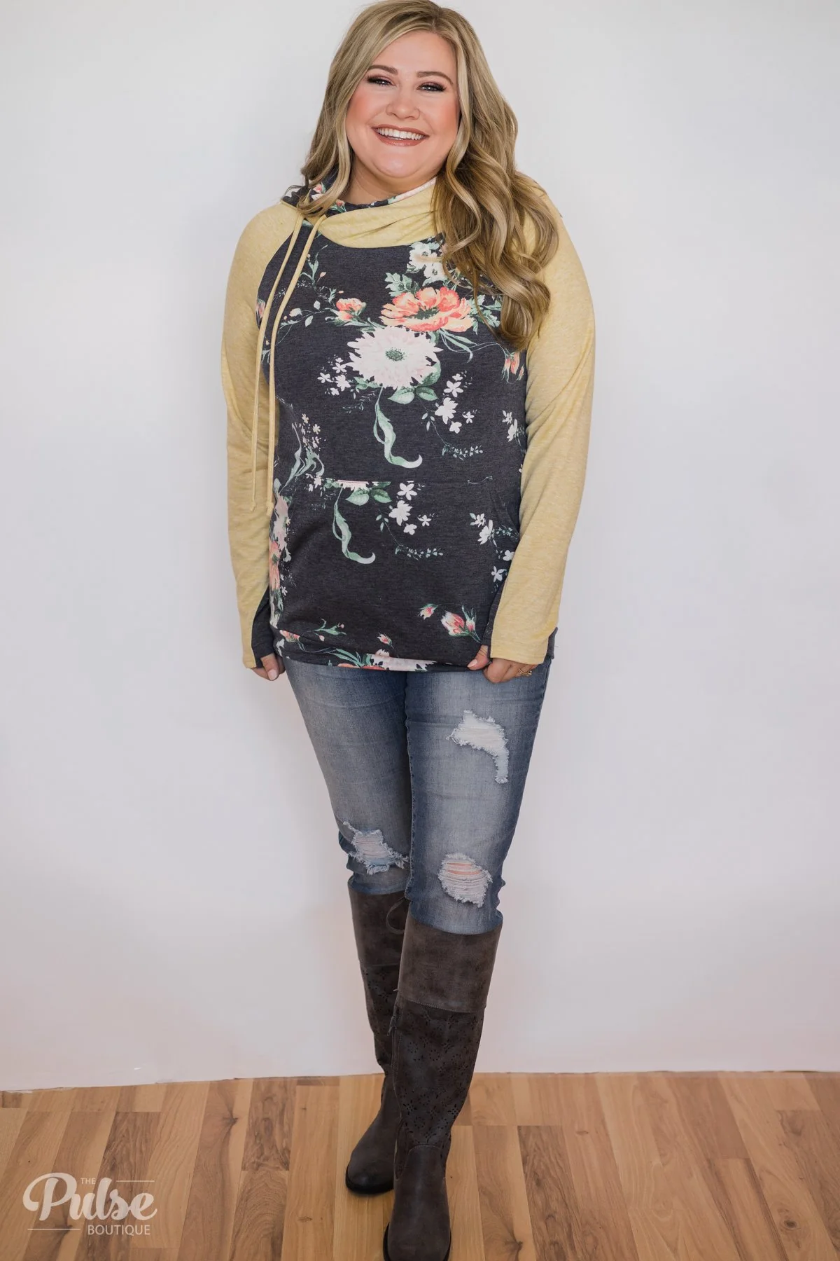 Floral Escape Cowl Neck Hoodie- Yellow - Image 4