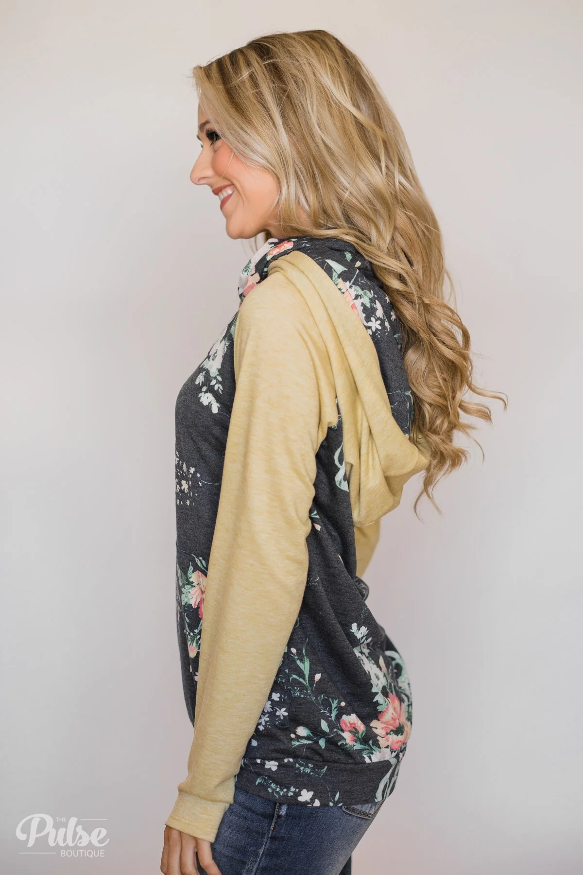 Floral Escape Cowl Neck Hoodie- Yellow - Image 6