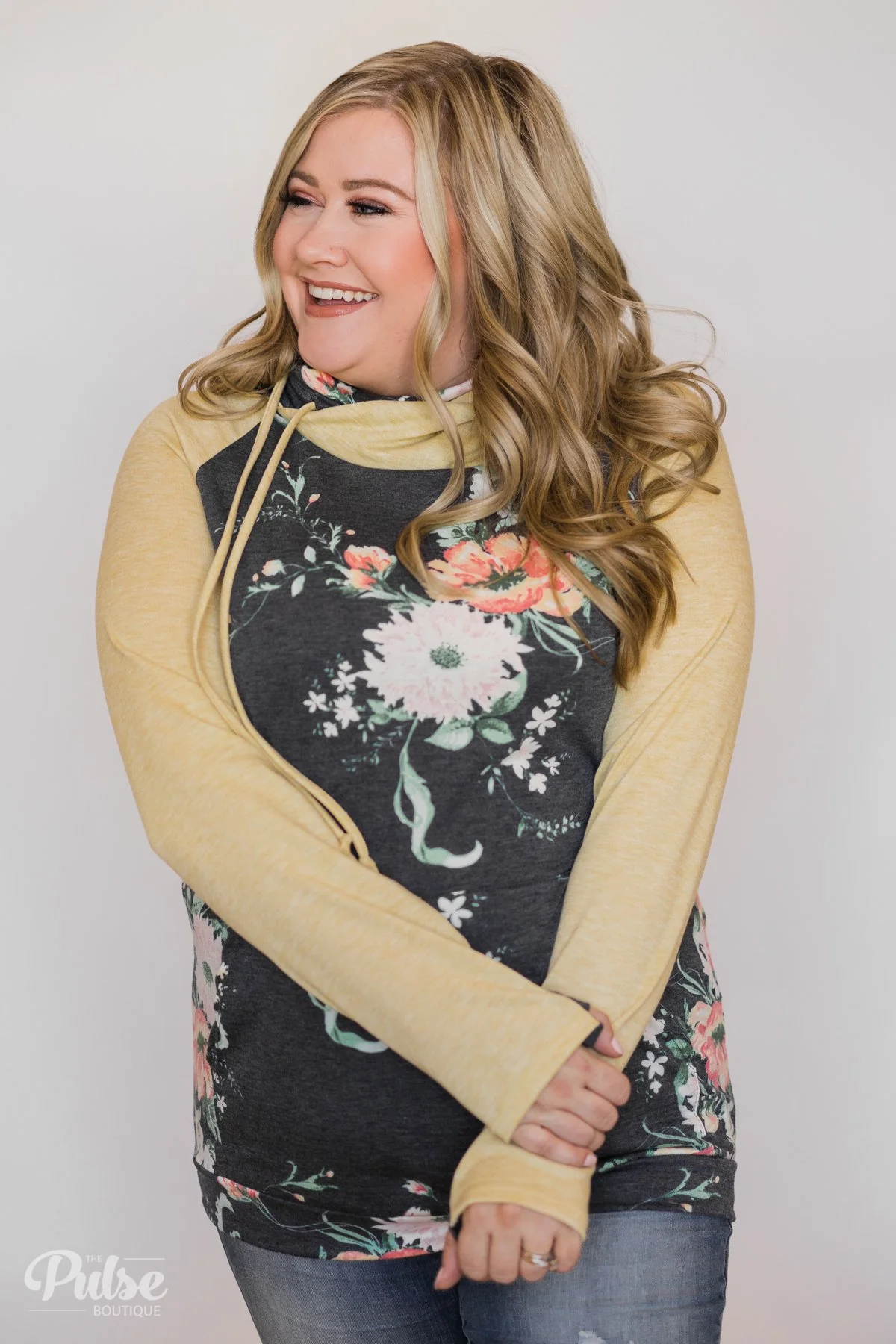 Floral Escape Cowl Neck Hoodie- Yellow - Image 8