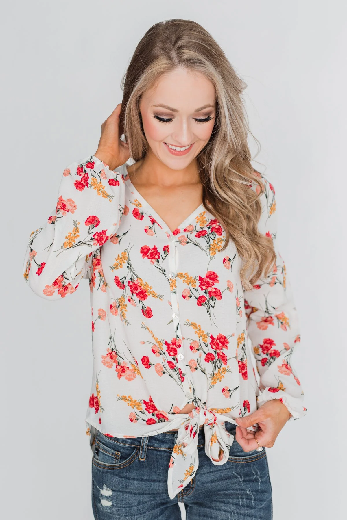 Floral Fantasy Tie Blouse - Off White - Image 5