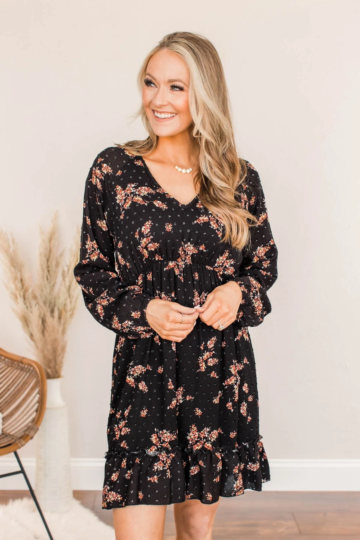 Floral Festivities Swiss Dot Dress- Black - Image 2