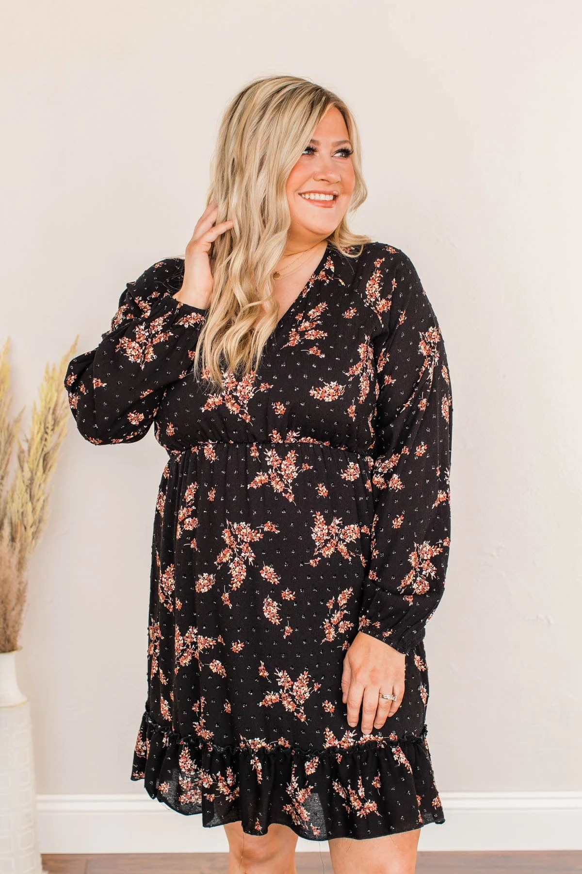 Floral Festivities Swiss Dot Dress- Black - Image 5